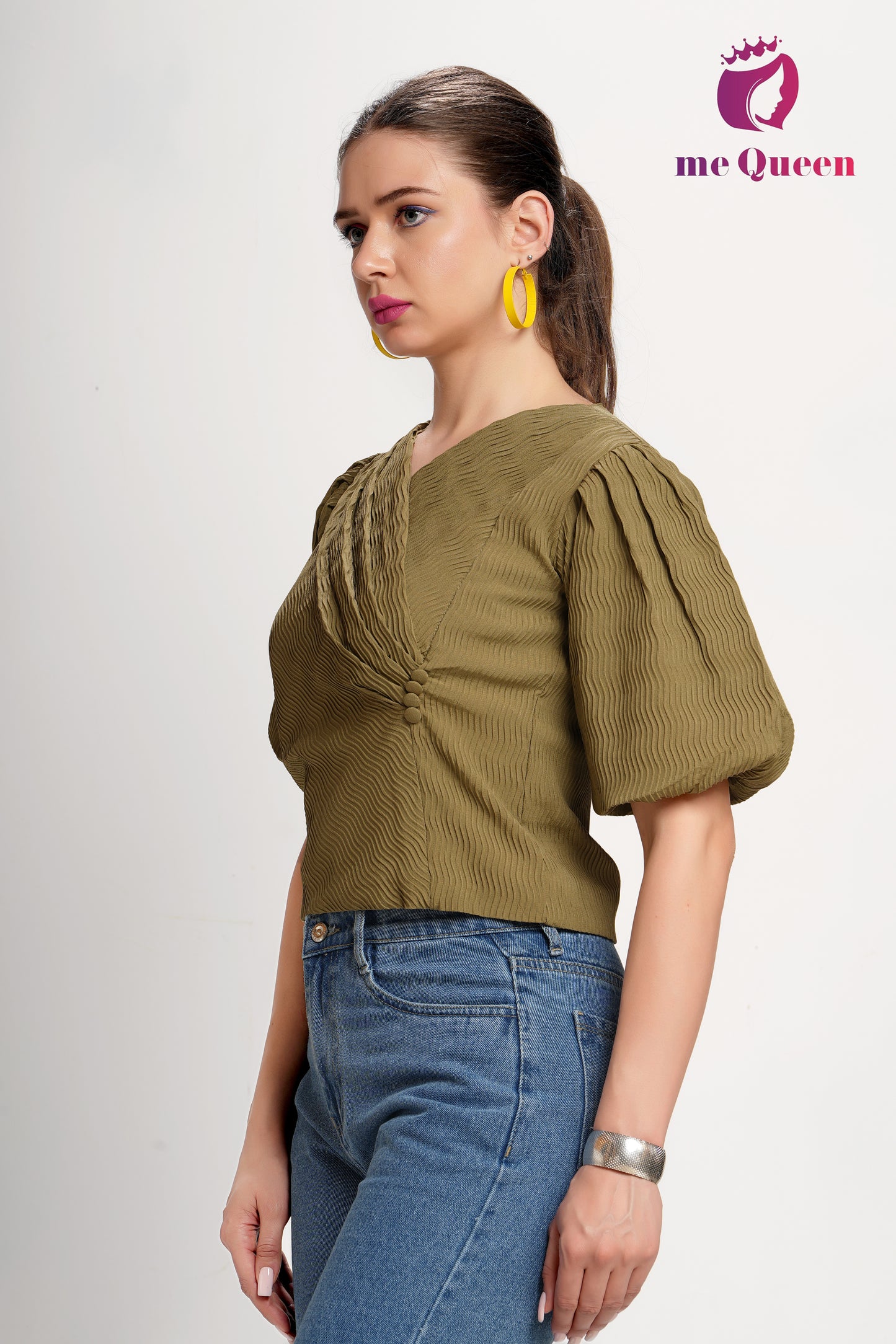 MeQueen's Women's Stylish Pattern Dark Olive Brown Top with Puff Sleeves