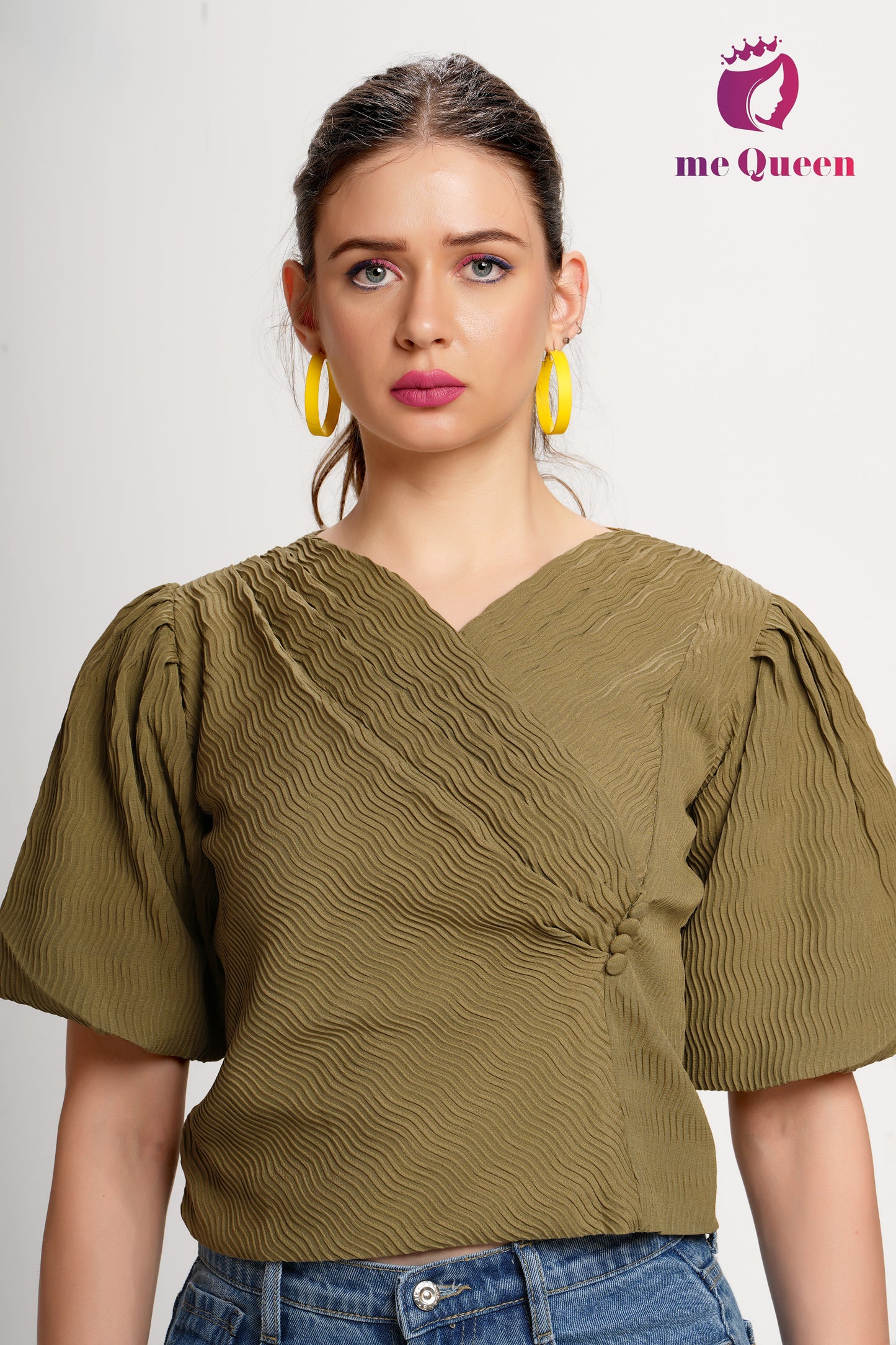 MeQueen's Women's Stylish Pattern Dark Olive Brown Top with Puff Sleeves
