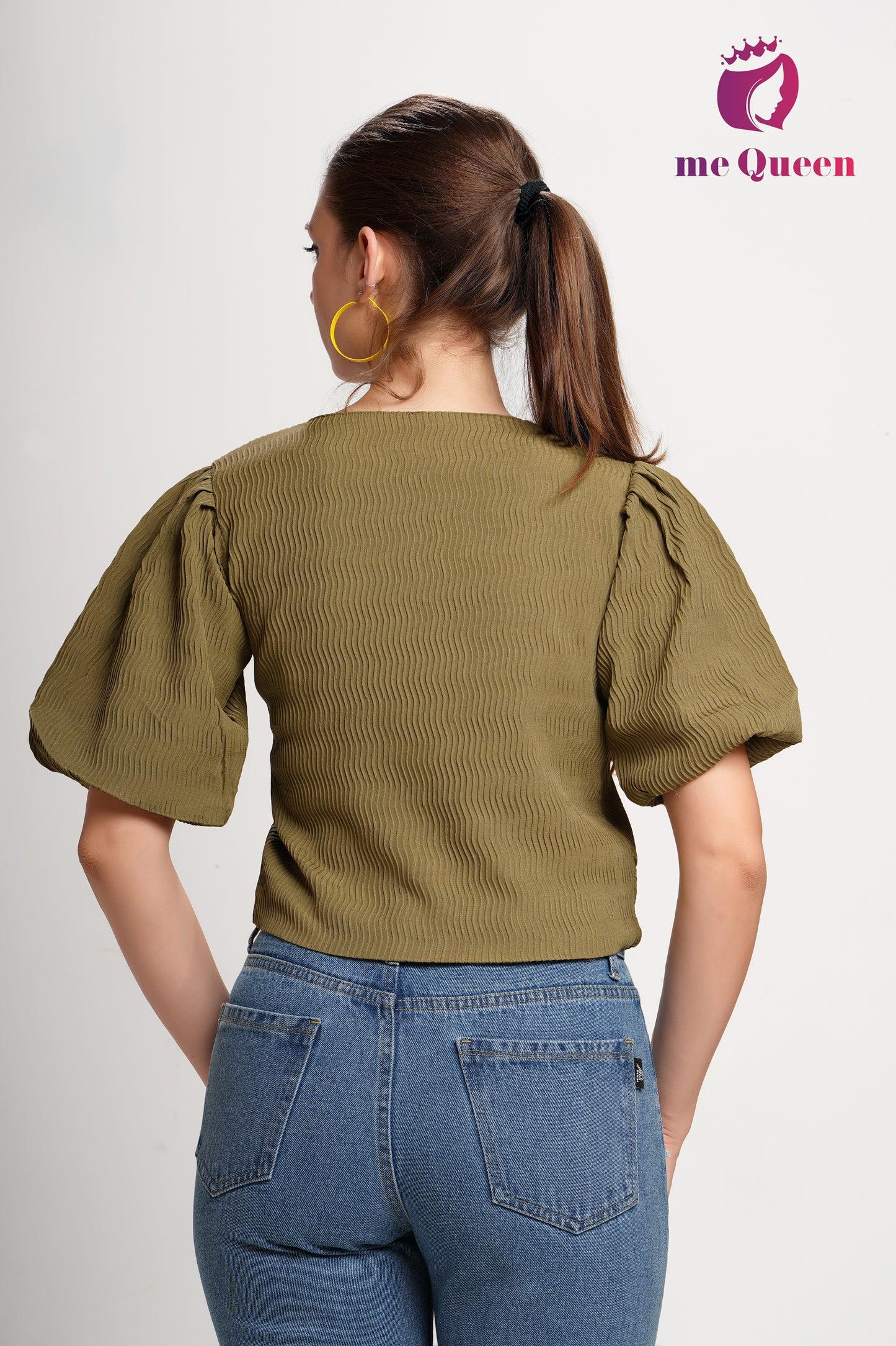 MeQueen's Women's Stylish Pattern Dark Olive Brown Top with Puff Sleeves