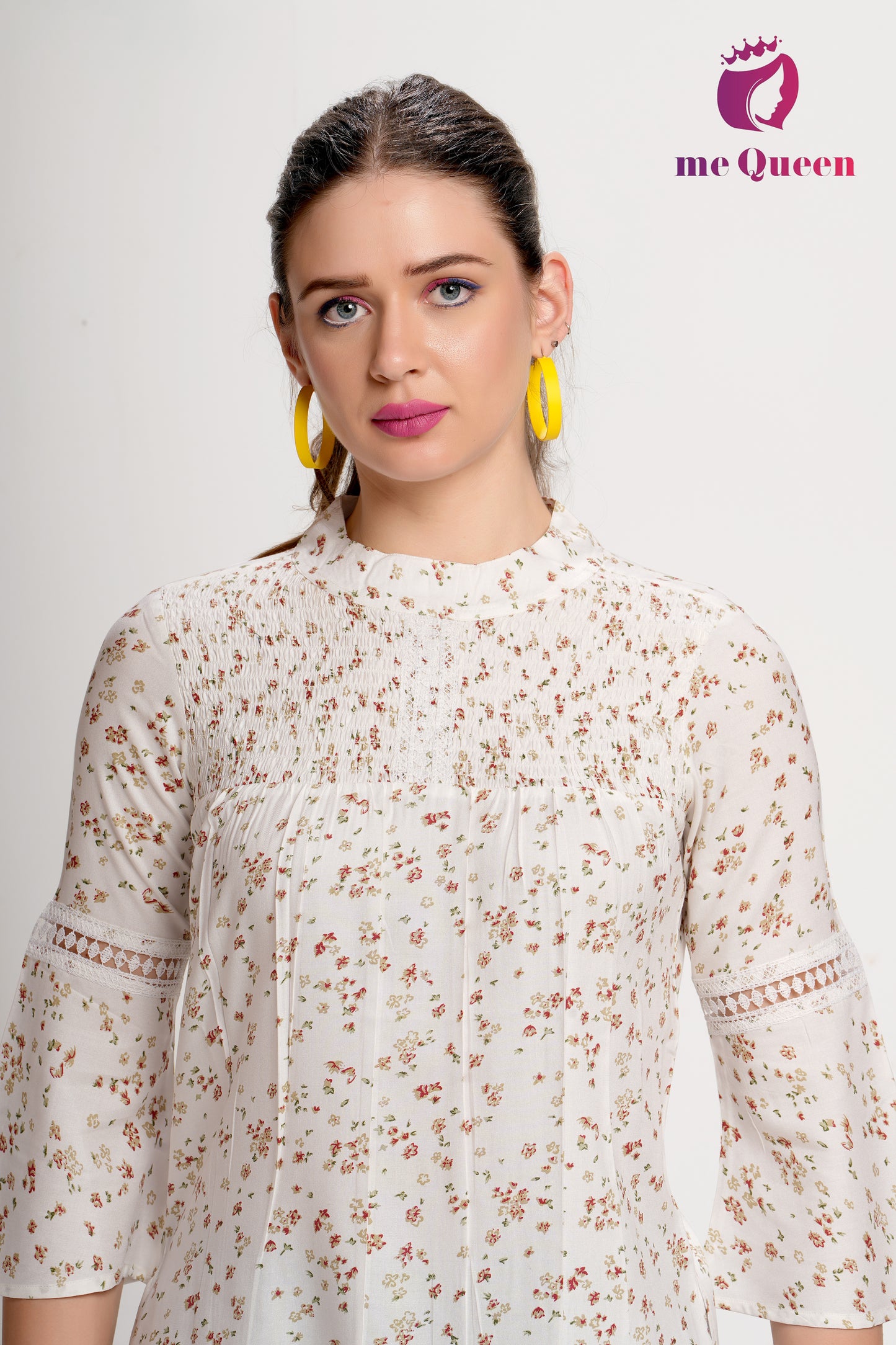 MeQueen Women's White Top with Red and Golden Small Flower Print