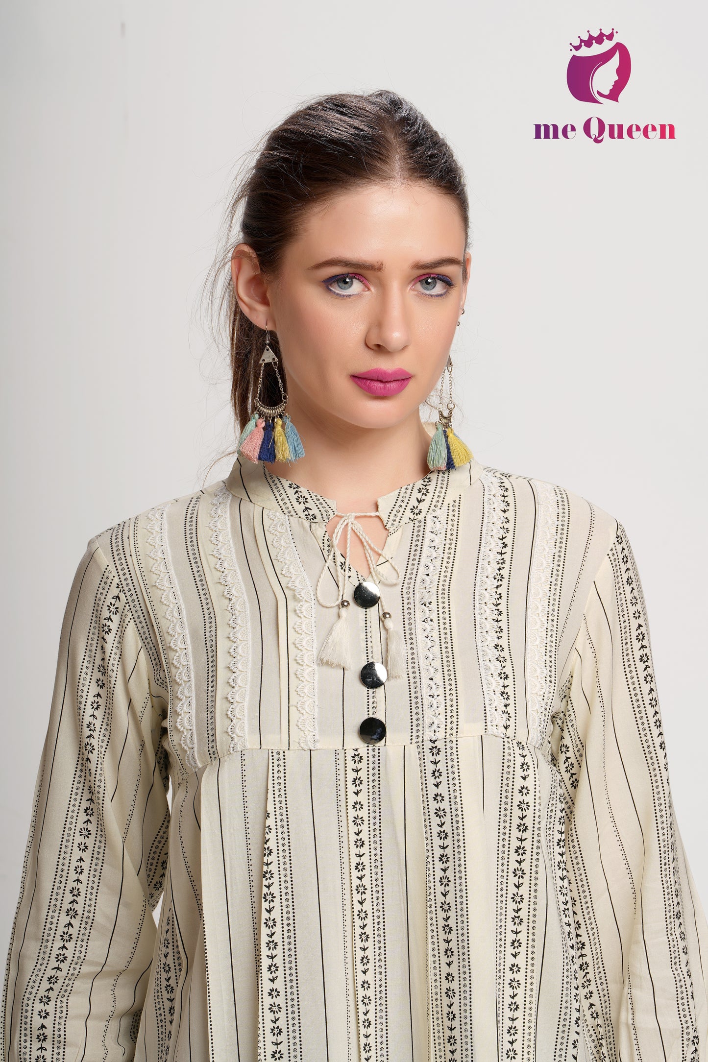 MeQueen Women's Cream Top with Black Flower Print and Lace Work