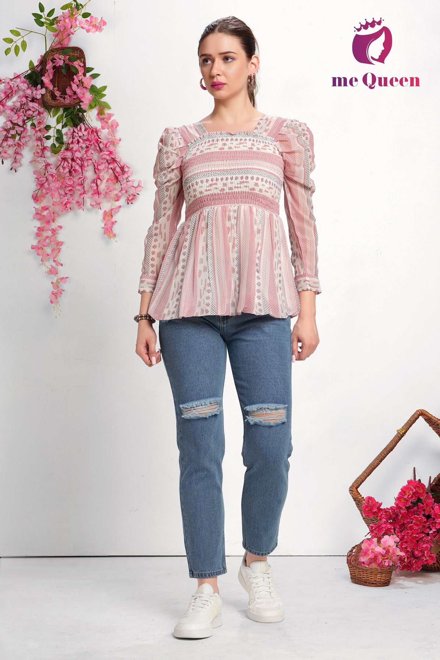 MeQueen's White & Pink Printed Peplum Top