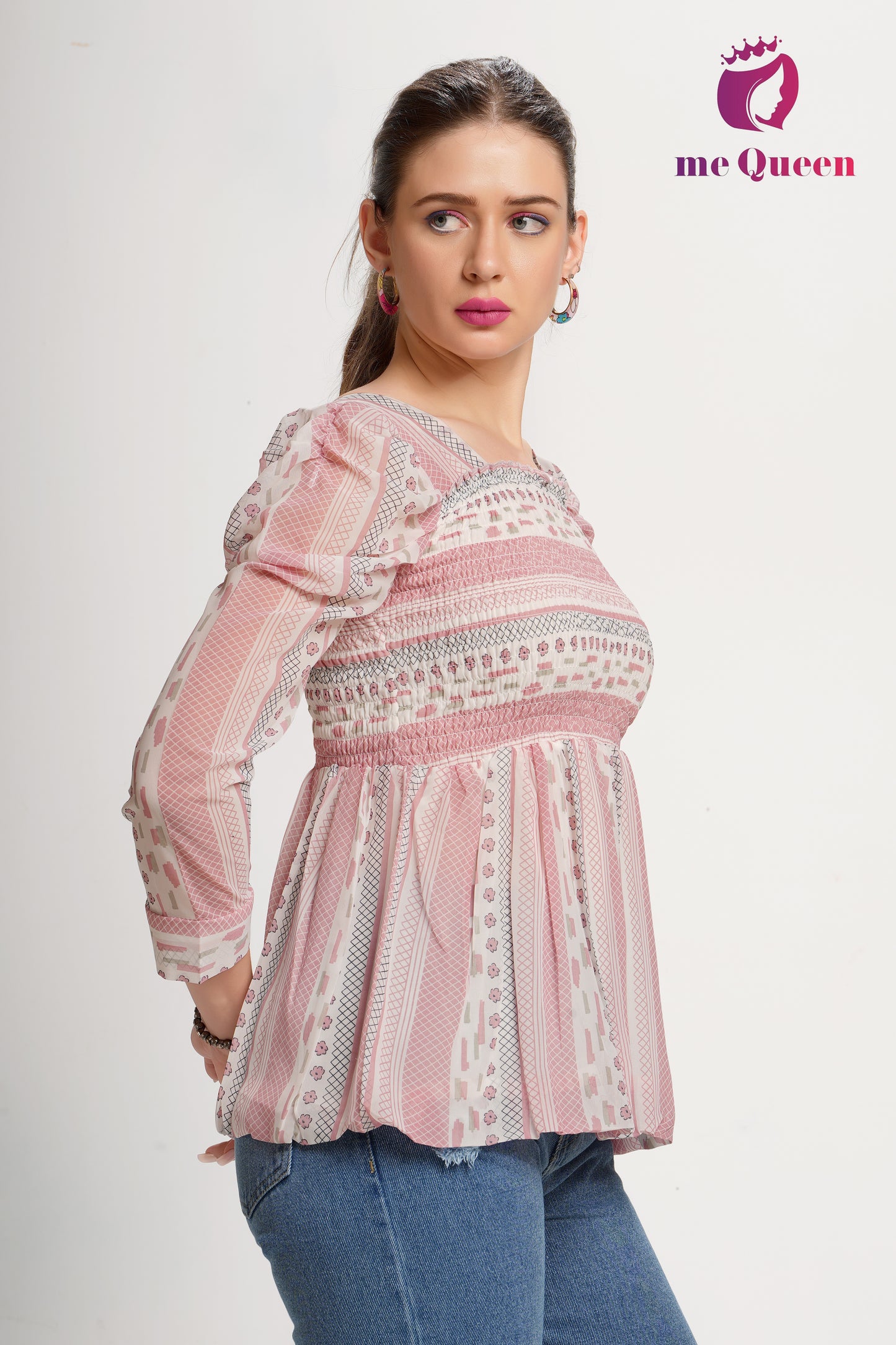 MeQueen's White & Pink Printed Peplum Top
