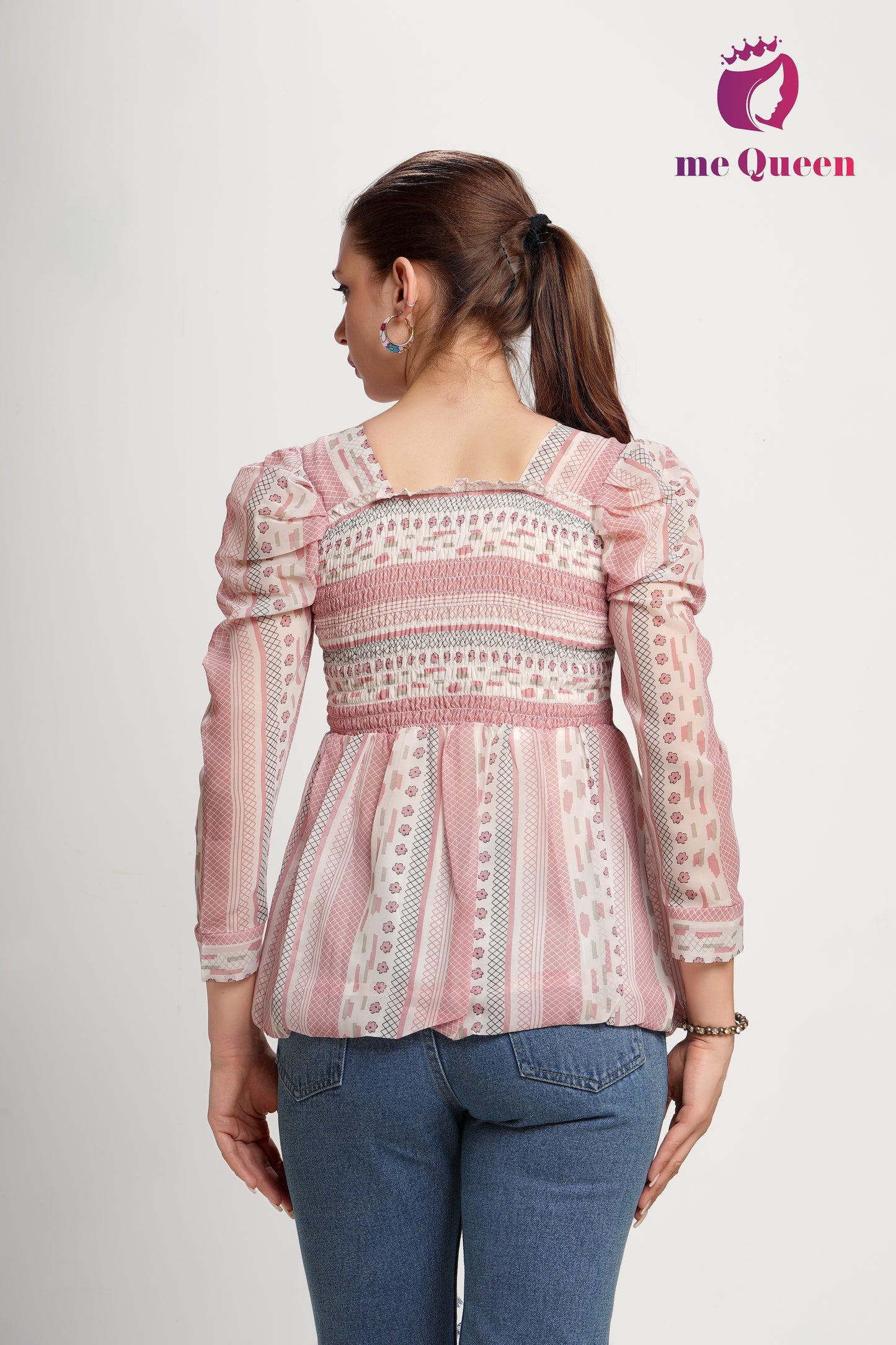 MeQueen's White & Pink Printed Peplum Top