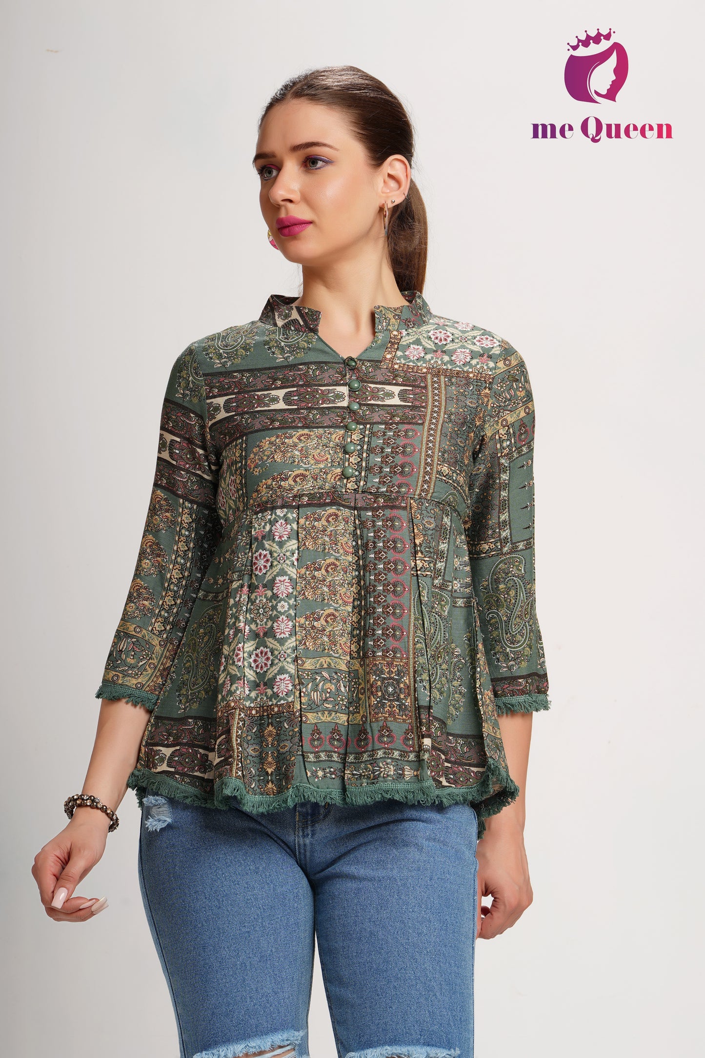 MeQueen Women Green Trendy Casual Printed Top