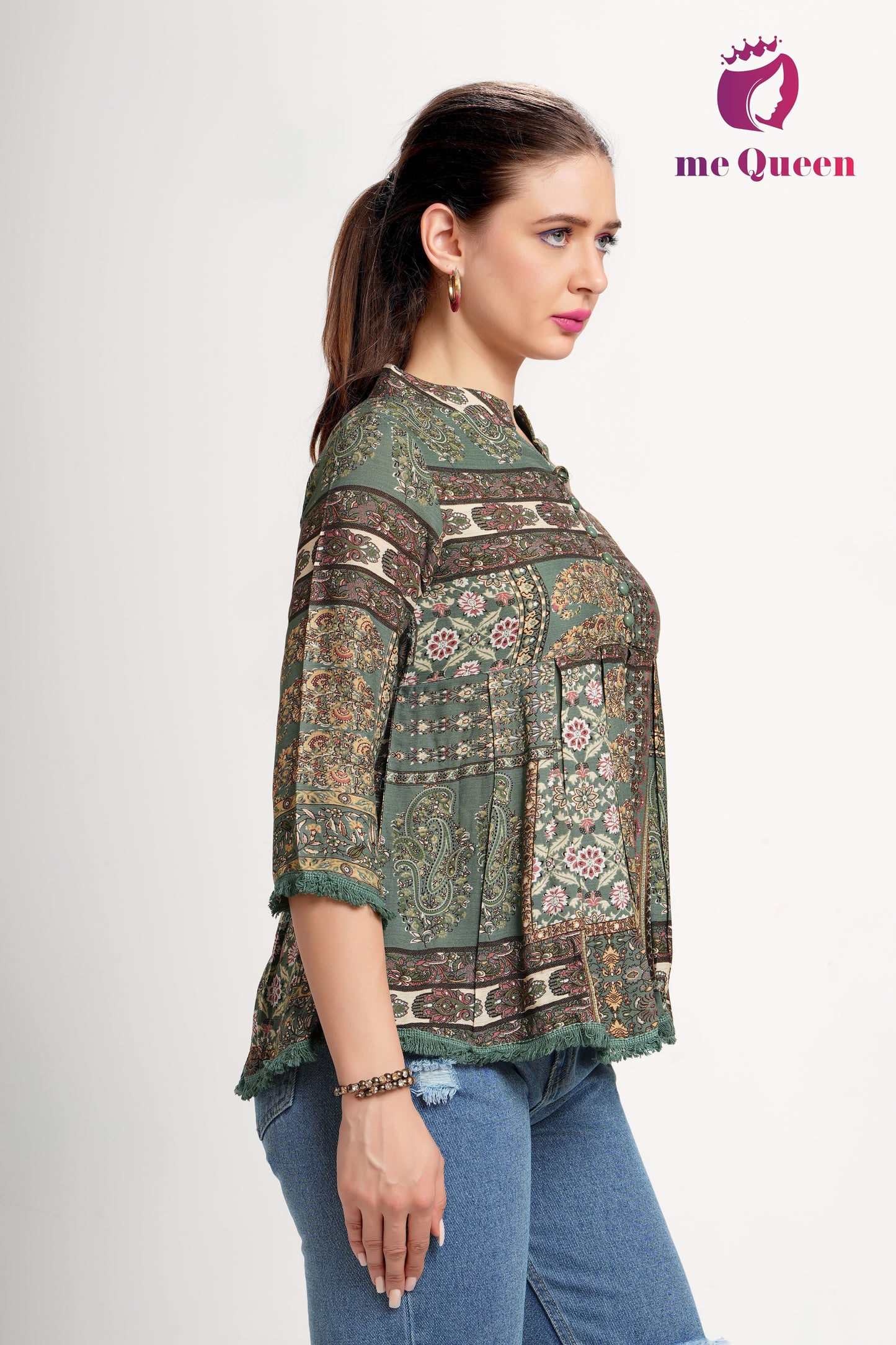 MeQueen Women Green Trendy Casual Printed Top