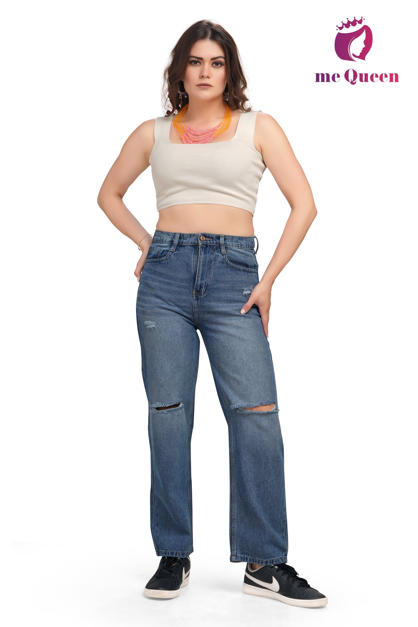 MeQueen Women's Knee Slit Stone Blue Faded Color Jeans