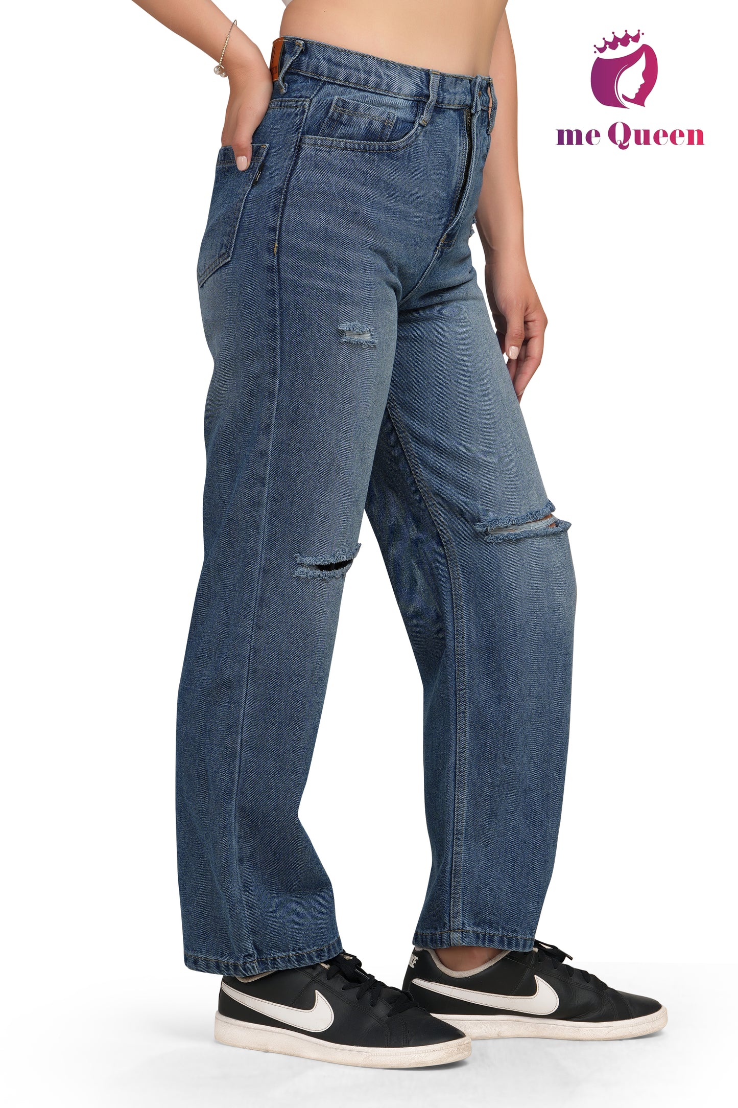 MeQueen Women's Knee Slit Stone Blue Faded Color Jeans