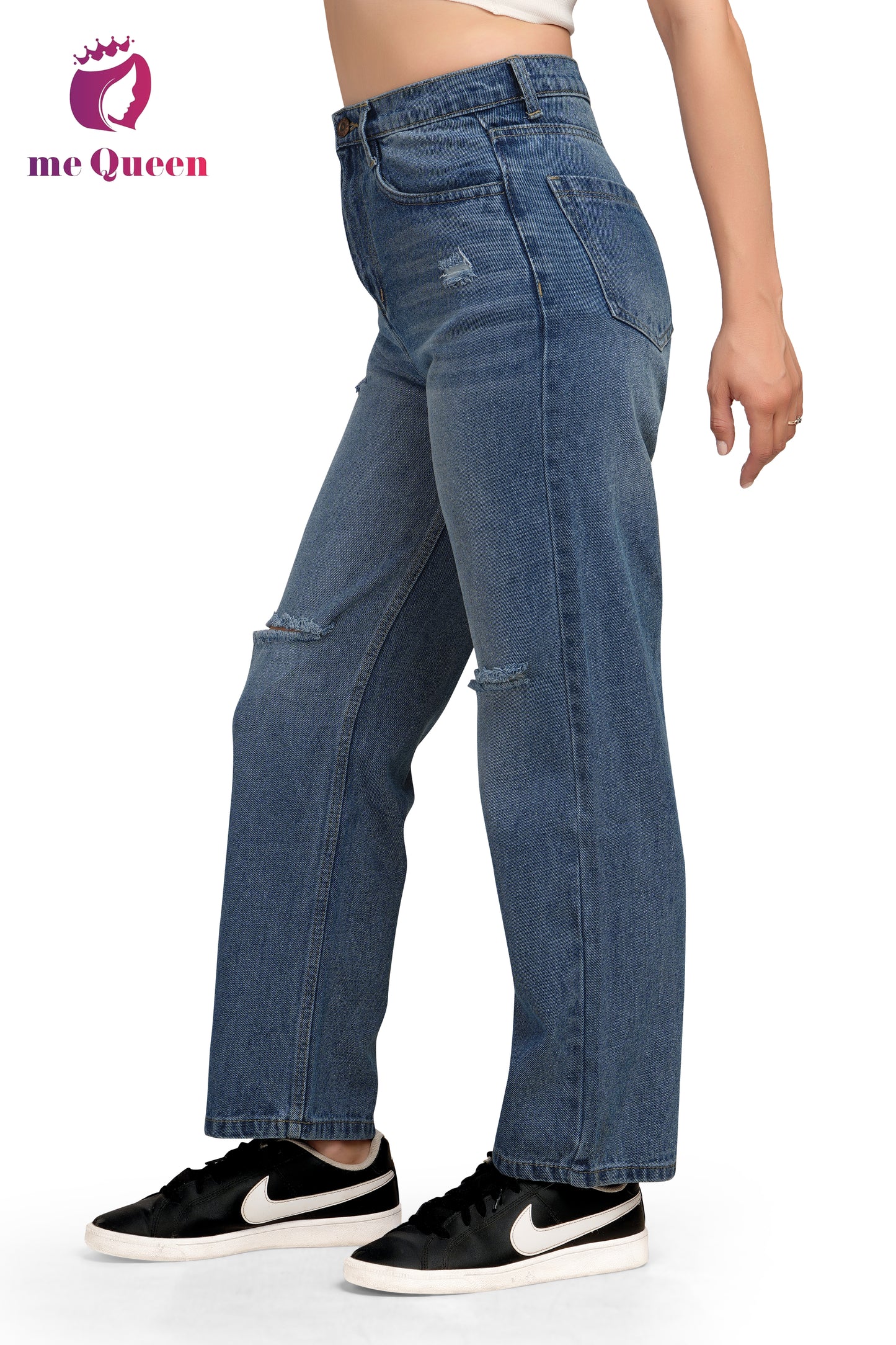 MeQueen Women's Knee Slit Stone Blue Faded Color Jeans