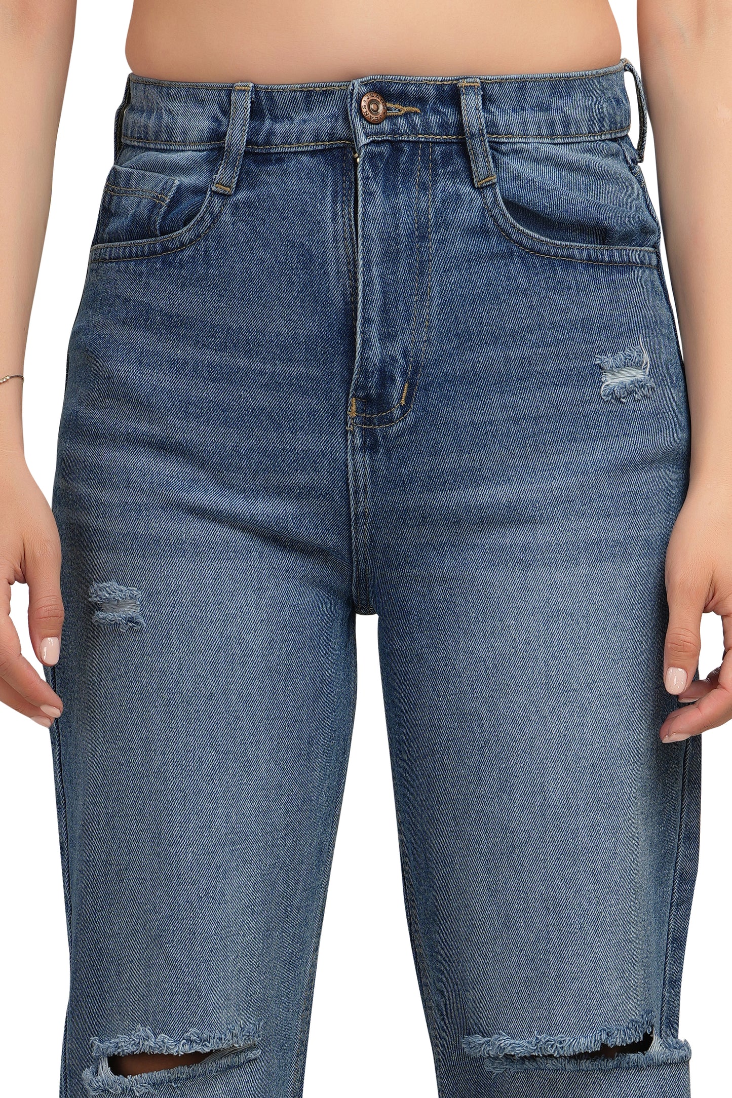 MeQueen Women's Knee Slit Stone Blue Faded Color Jeans