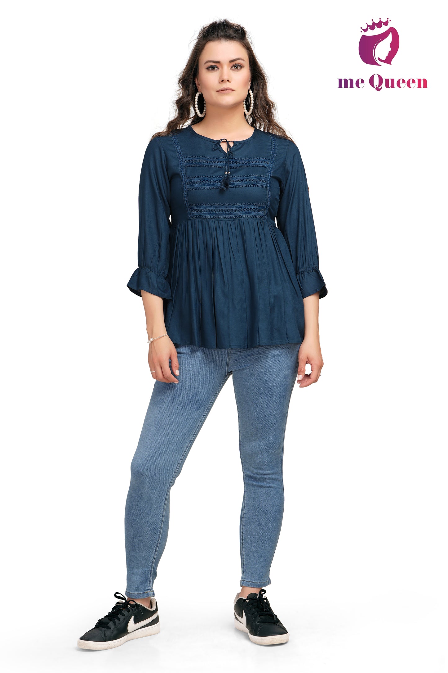 MeQueen Women's Navy Blue Color Top with Lace Work