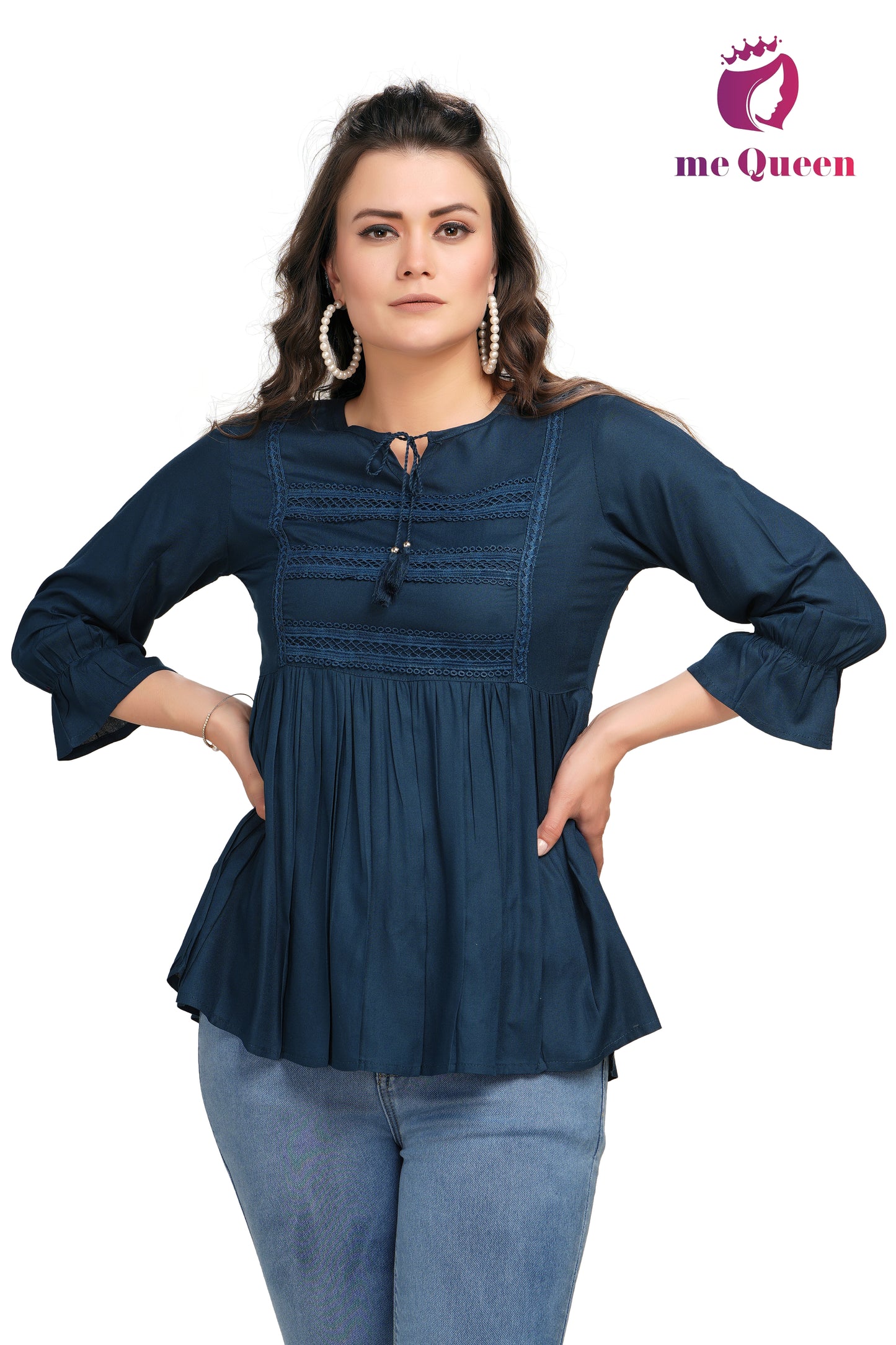 MeQueen Women's Navy Blue Color Top with Lace Work