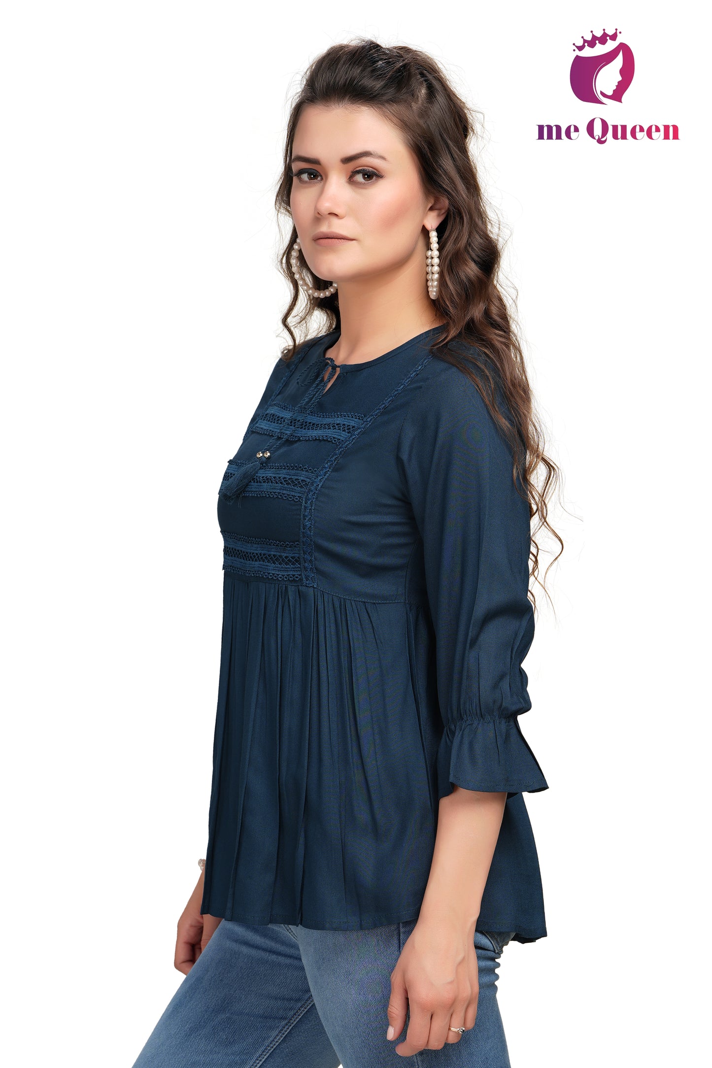 MeQueen Women's Navy Blue Color Top with Lace Work