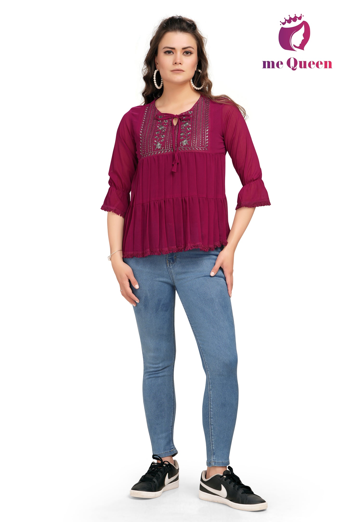 MeQueen Women's Embroidered Maroon Color Party Wear Top