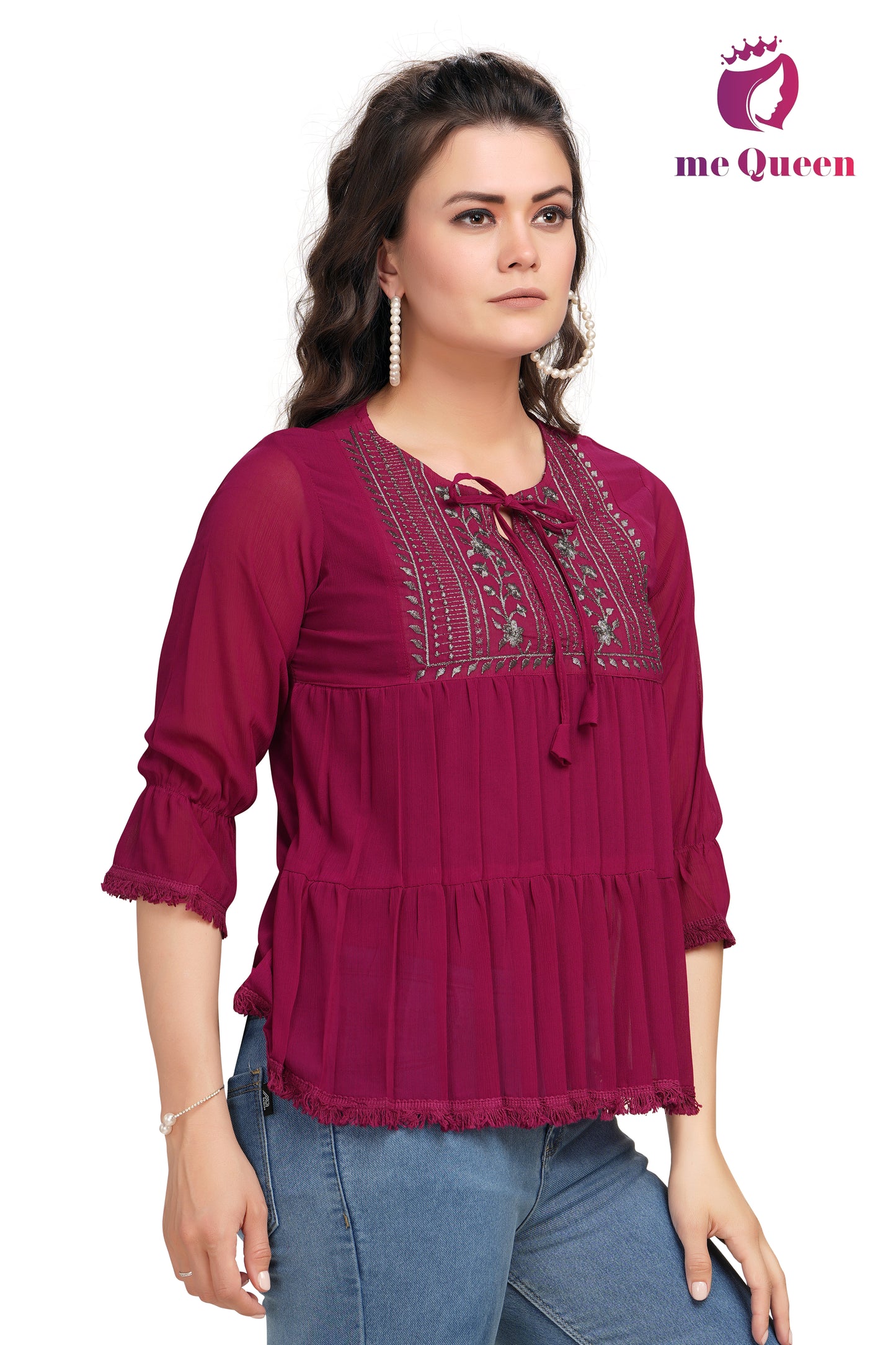 MeQueen Women's Embroidered Maroon Color Party Wear Top