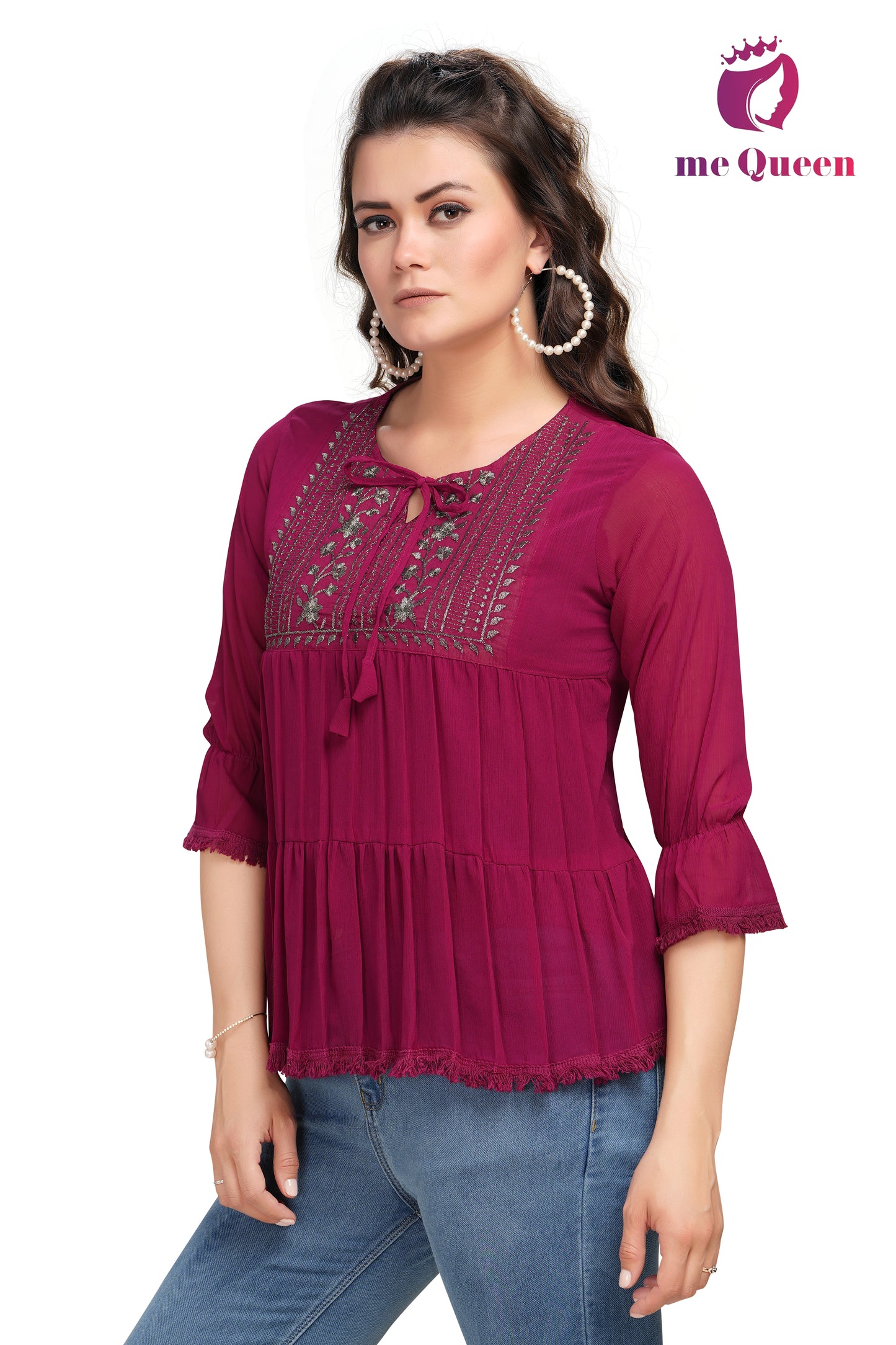 MeQueen Women's Embroidered Maroon Color Party Wear Top