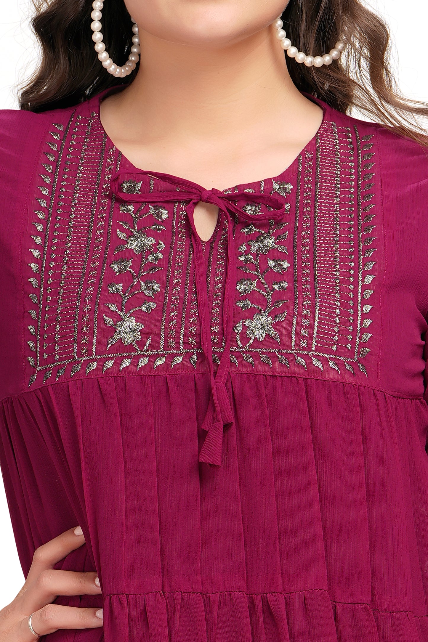 MeQueen Women's Embroidered Maroon Color Party Wear Top