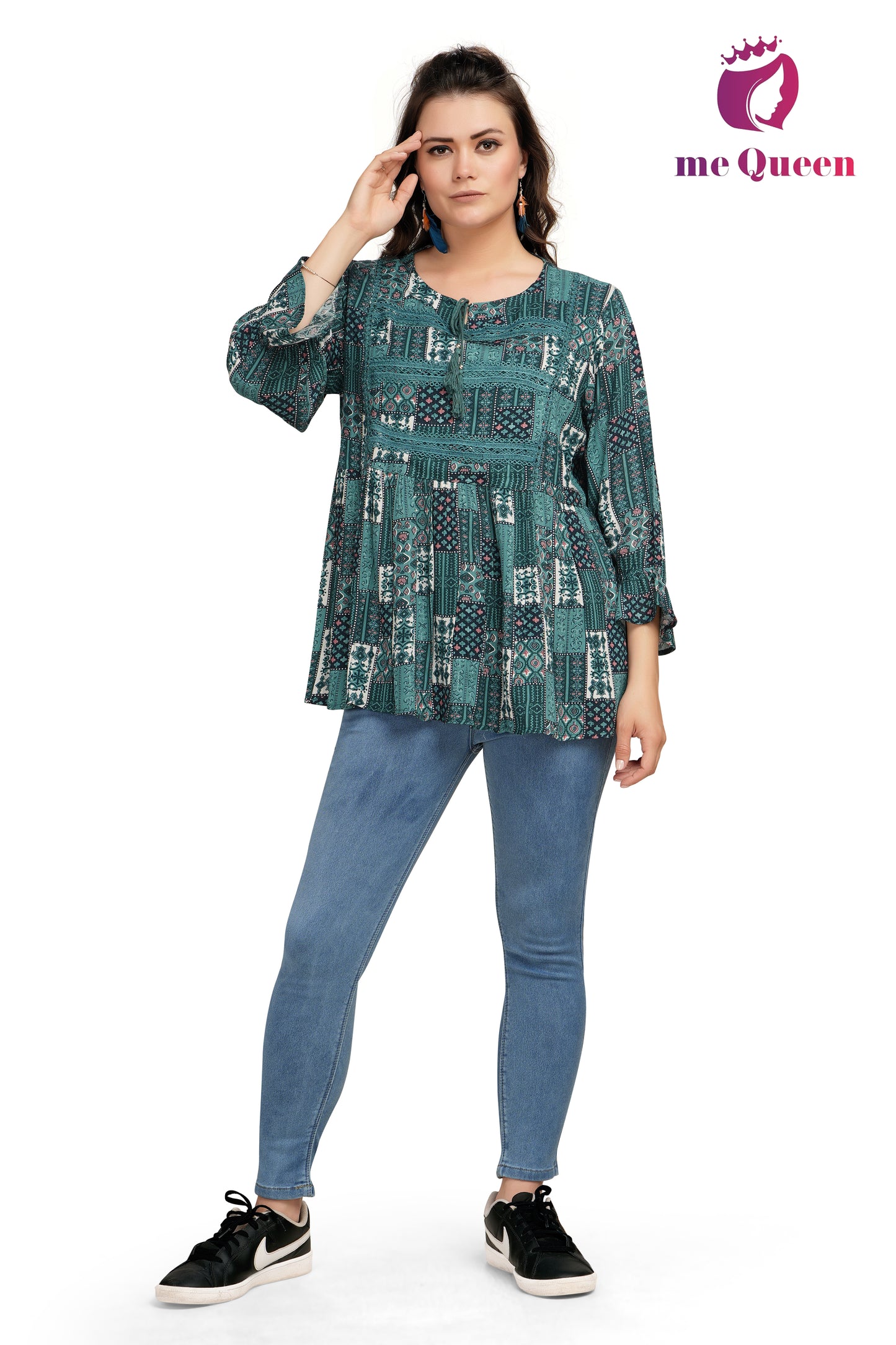 MeQueen Women's Printed Green Color Party Top