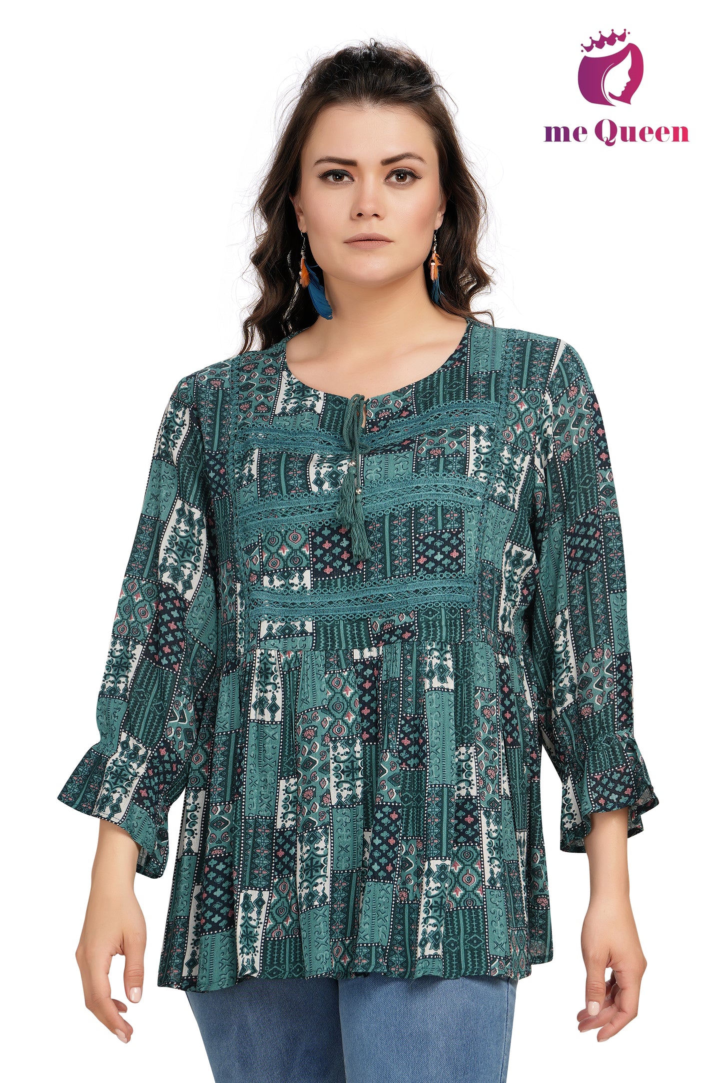 MeQueen Women's Printed Green Color Party Top