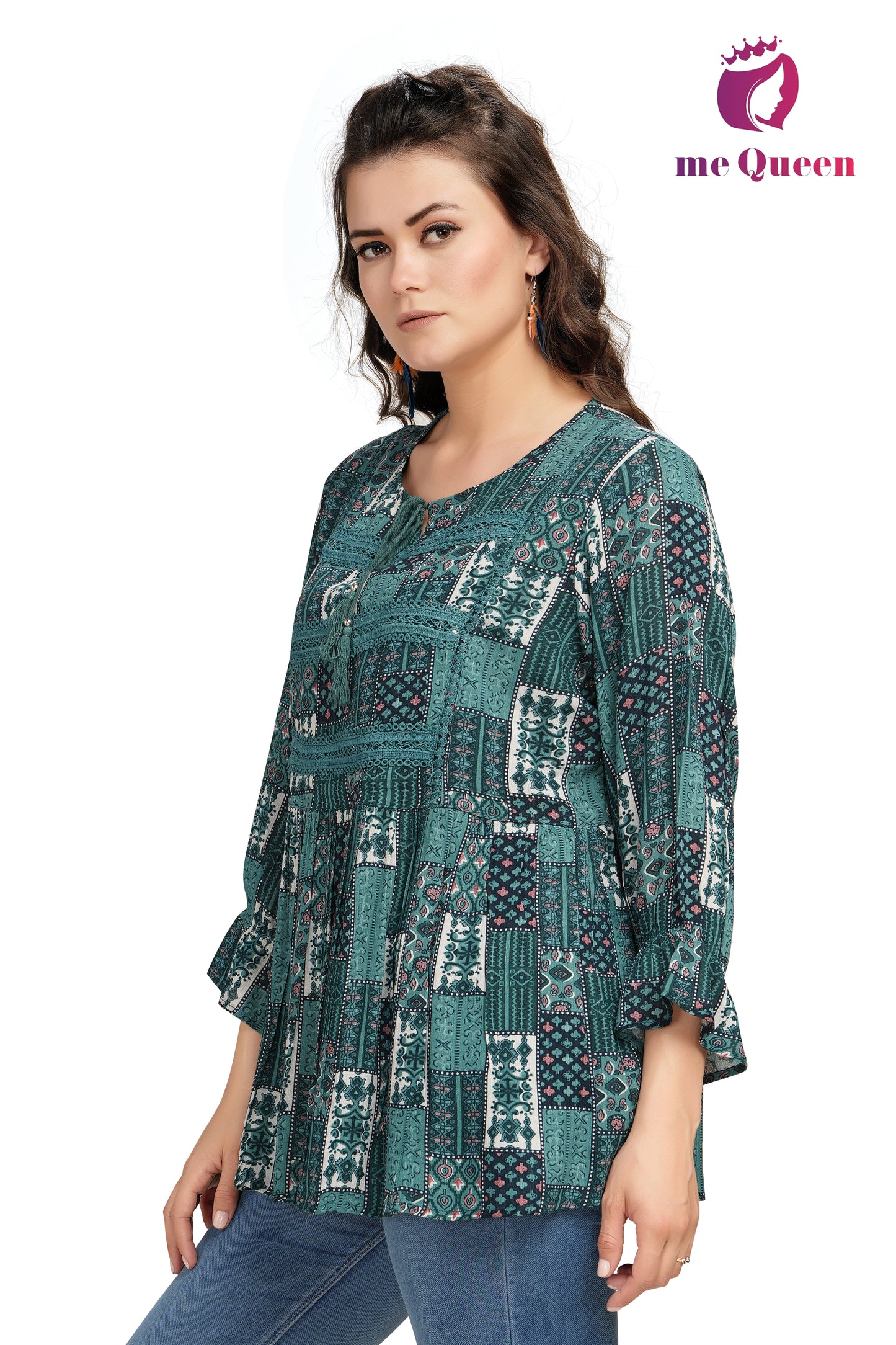 MeQueen Women's Printed Green Color Party Top