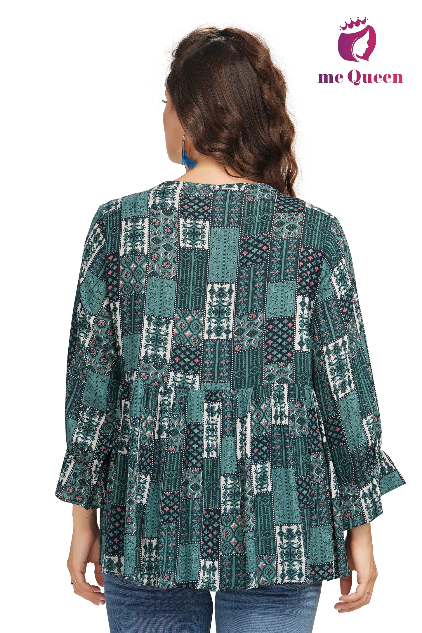 MeQueen Women's Printed Green Color Party Top