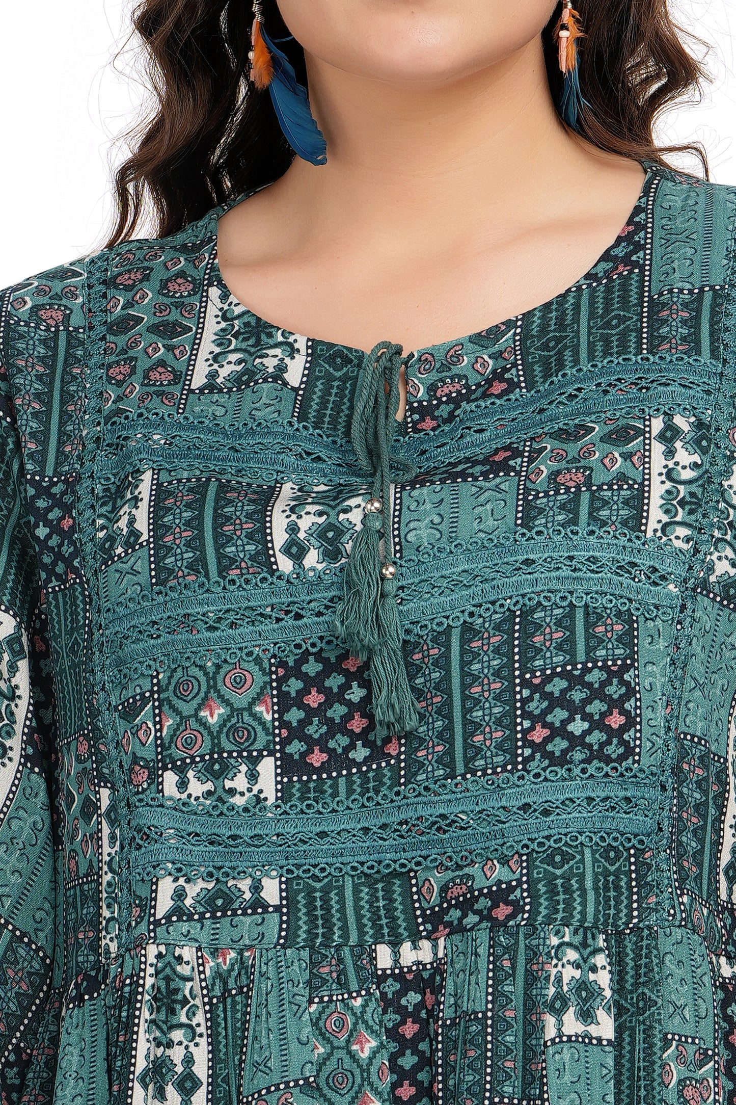 MeQueen Women's Printed Green Color Party Top