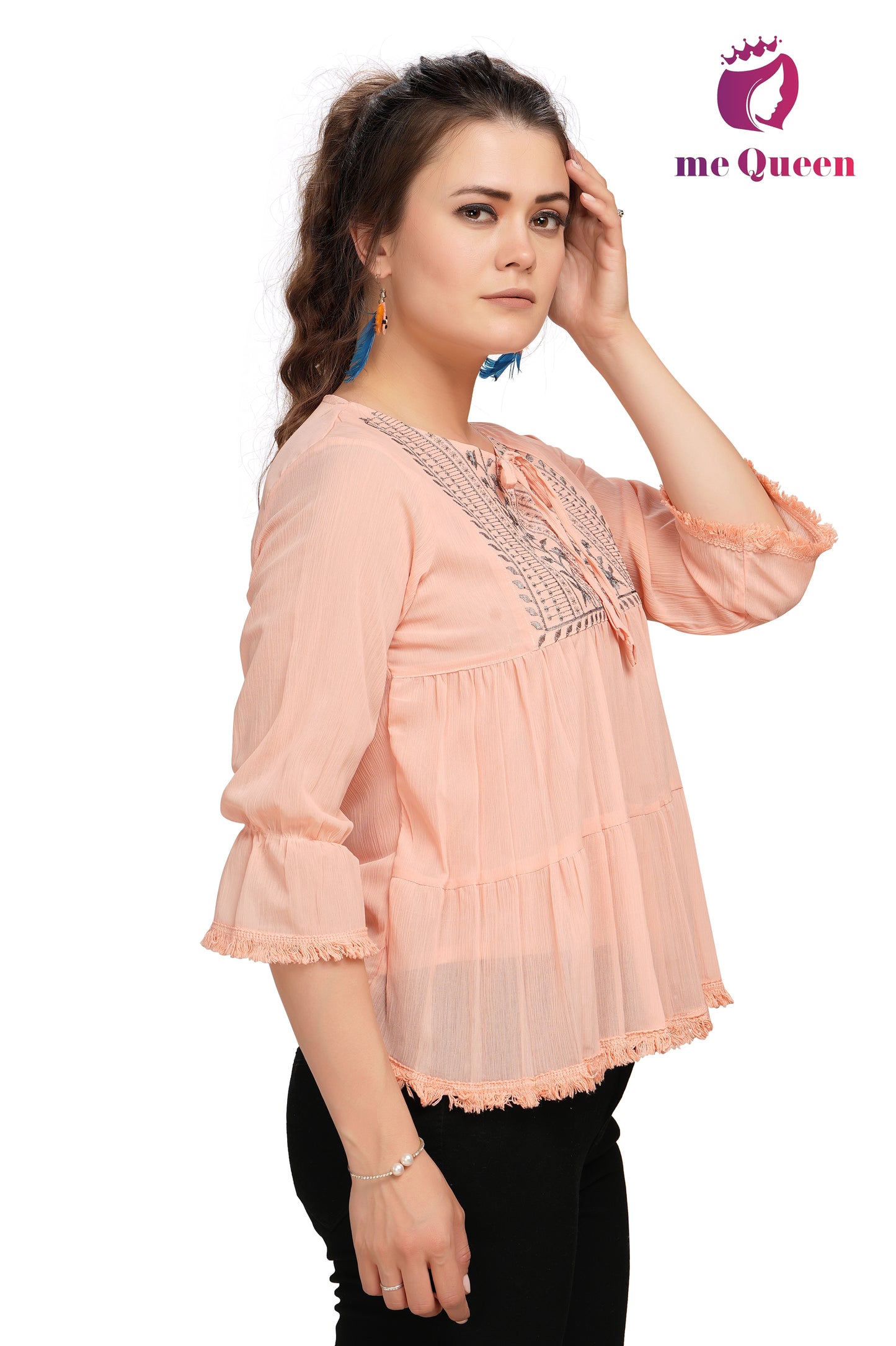 MeQueen Women's Tie up Peach Color Top With Grey Thread Work