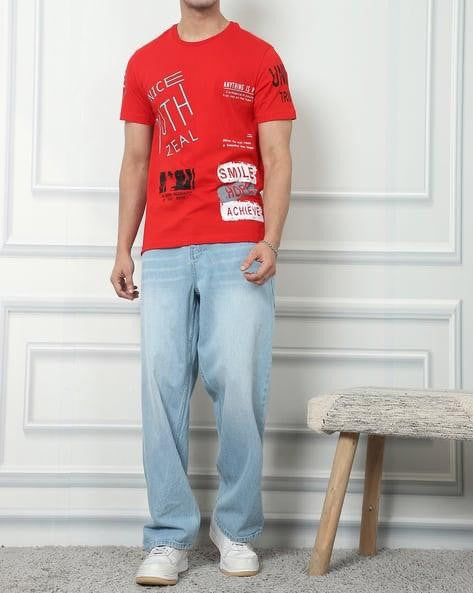 M Q Men’s Straight Fit Loose Jeans | Mid Wash Whisker Spray Denim | Comfortable Heavy Cotton | Casual Wear | Ice Blue