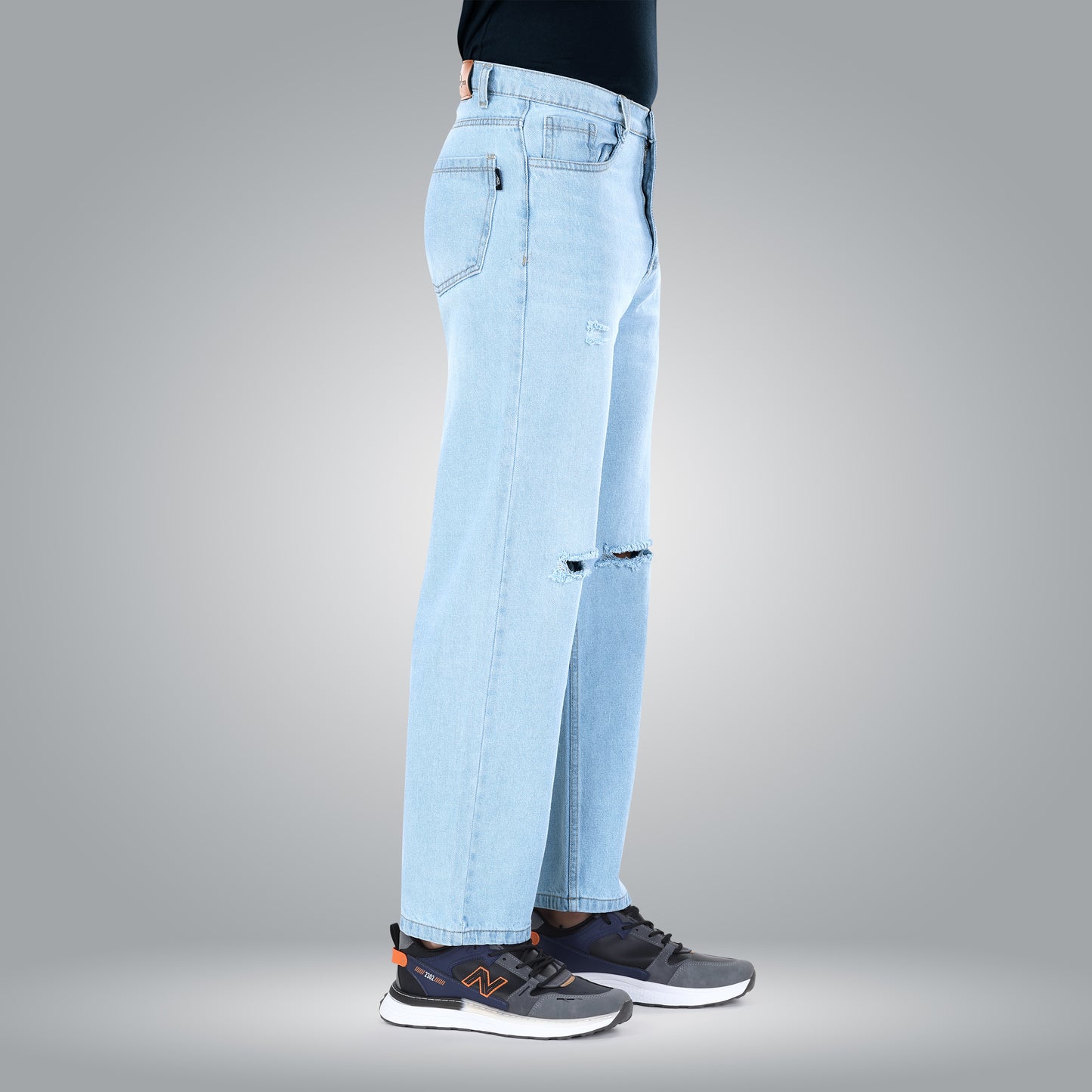 MQ Denim Knee Slit Distressed Sky Blue Loose Fit Relaxed Non-Stretchable 100% Cotton Mid Rise Men's Jeans