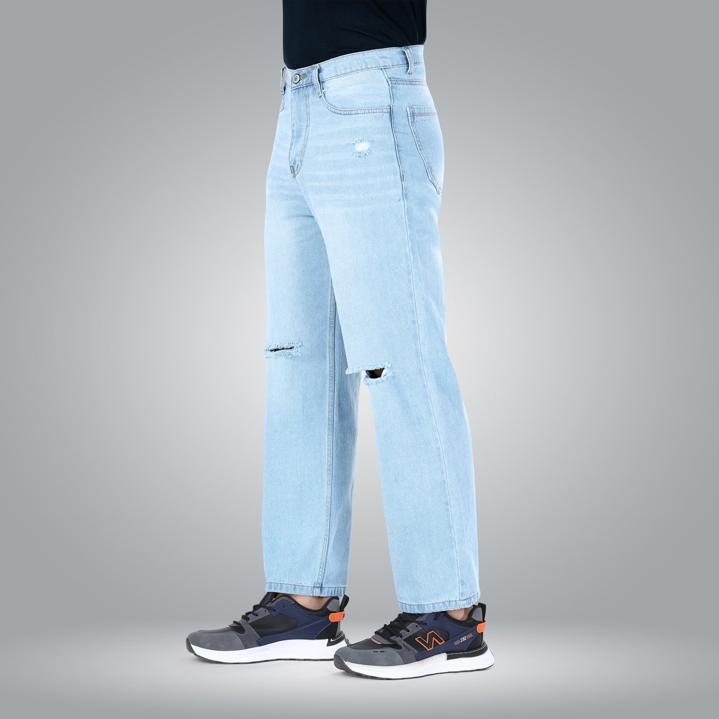 MQ Denim Knee Slit Distressed Sky Blue Loose Fit Relaxed Non-Stretchable 100% Cotton Mid Rise Men's Jeans