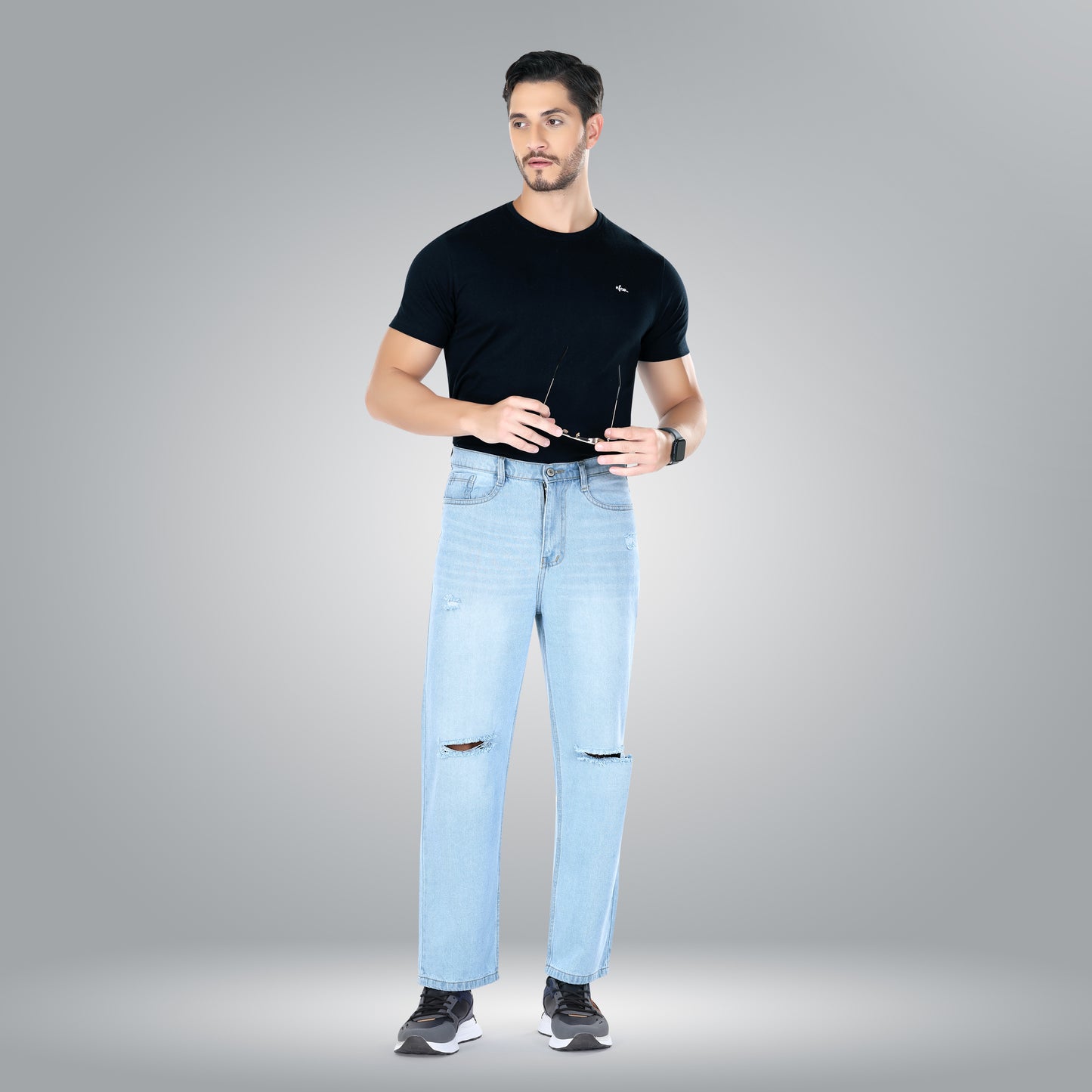 MQ Denim Knee Slit Distressed Sky Blue Loose Fit Relaxed Non-Stretchable 100% Cotton Mid Rise Men's Jeans