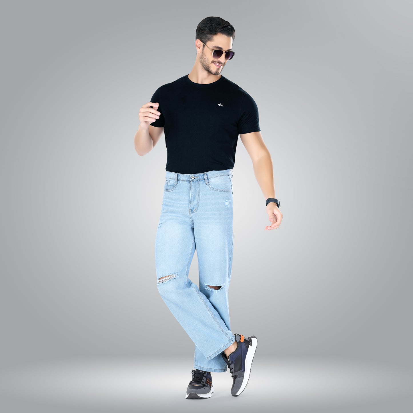 MQ Denim Knee Slit Distressed Sky Blue Loose Fit Relaxed Non-Stretchable 100% Cotton Mid Rise Men's Jeans
