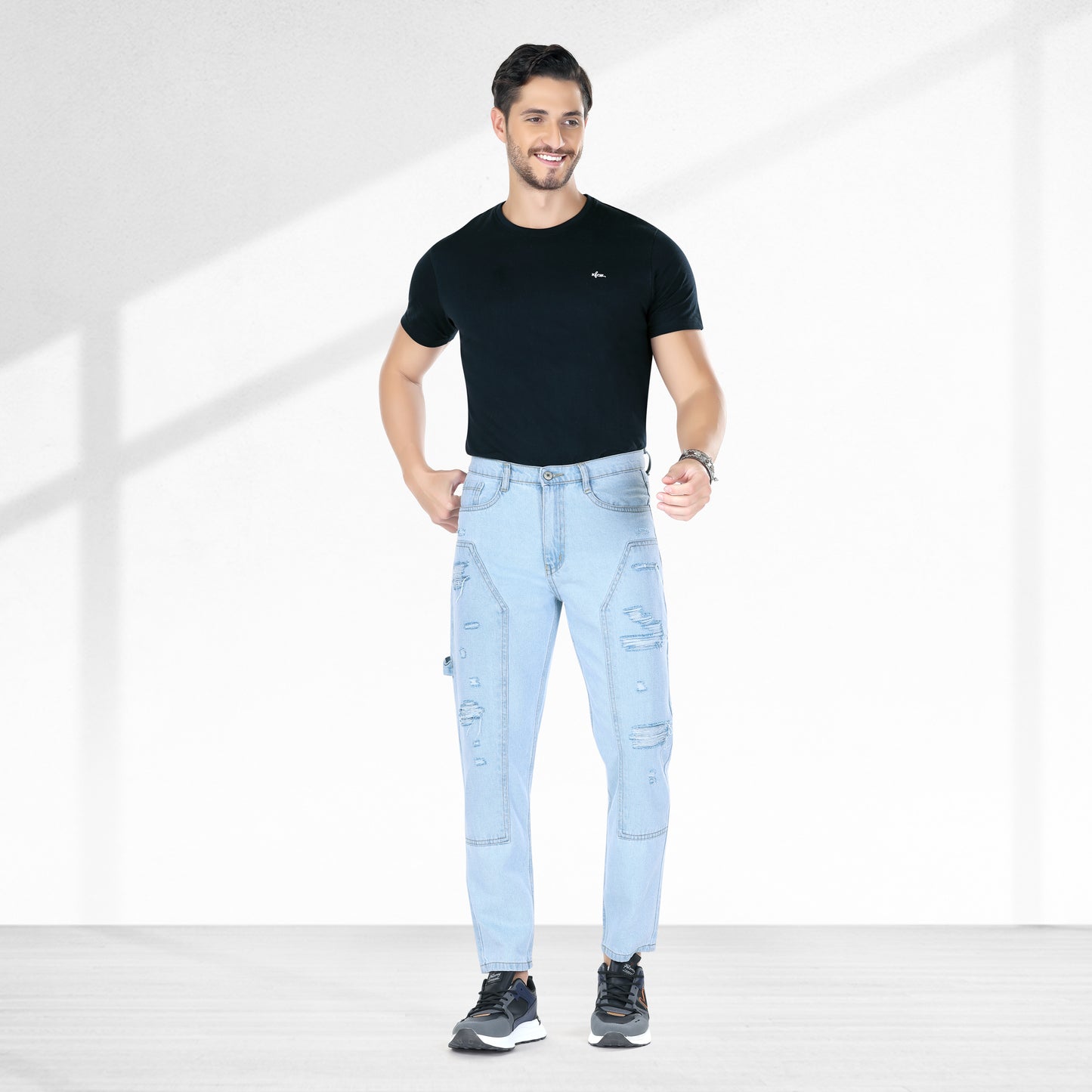 MQ Denim Straight Fit Non Stretchable Relaxed Mid Rise Stylish Sky Blue Distressed Men's Jeans - Available in Variety of Colour