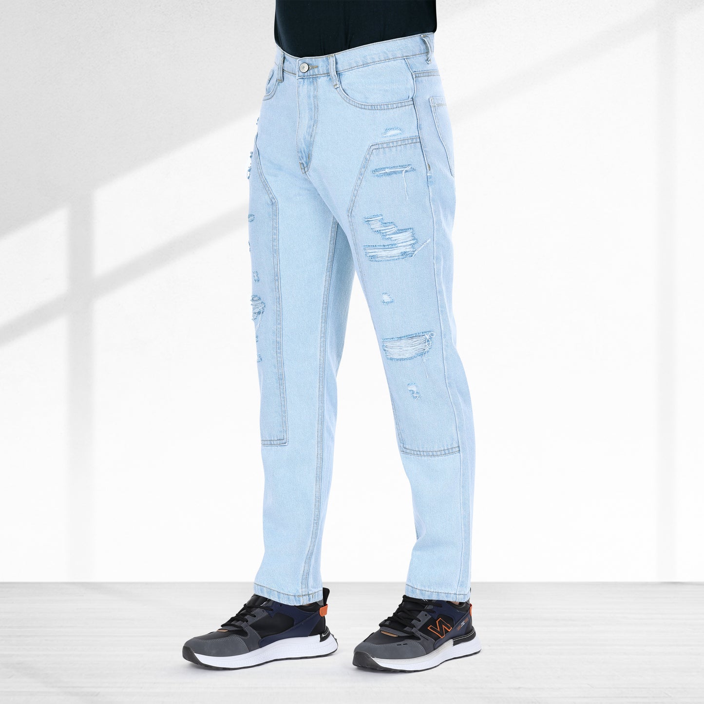 MQ Denim Straight Fit Non Stretchable Relaxed Mid Rise Stylish Sky Blue Distressed Men's Jeans - Available in Variety of Colour