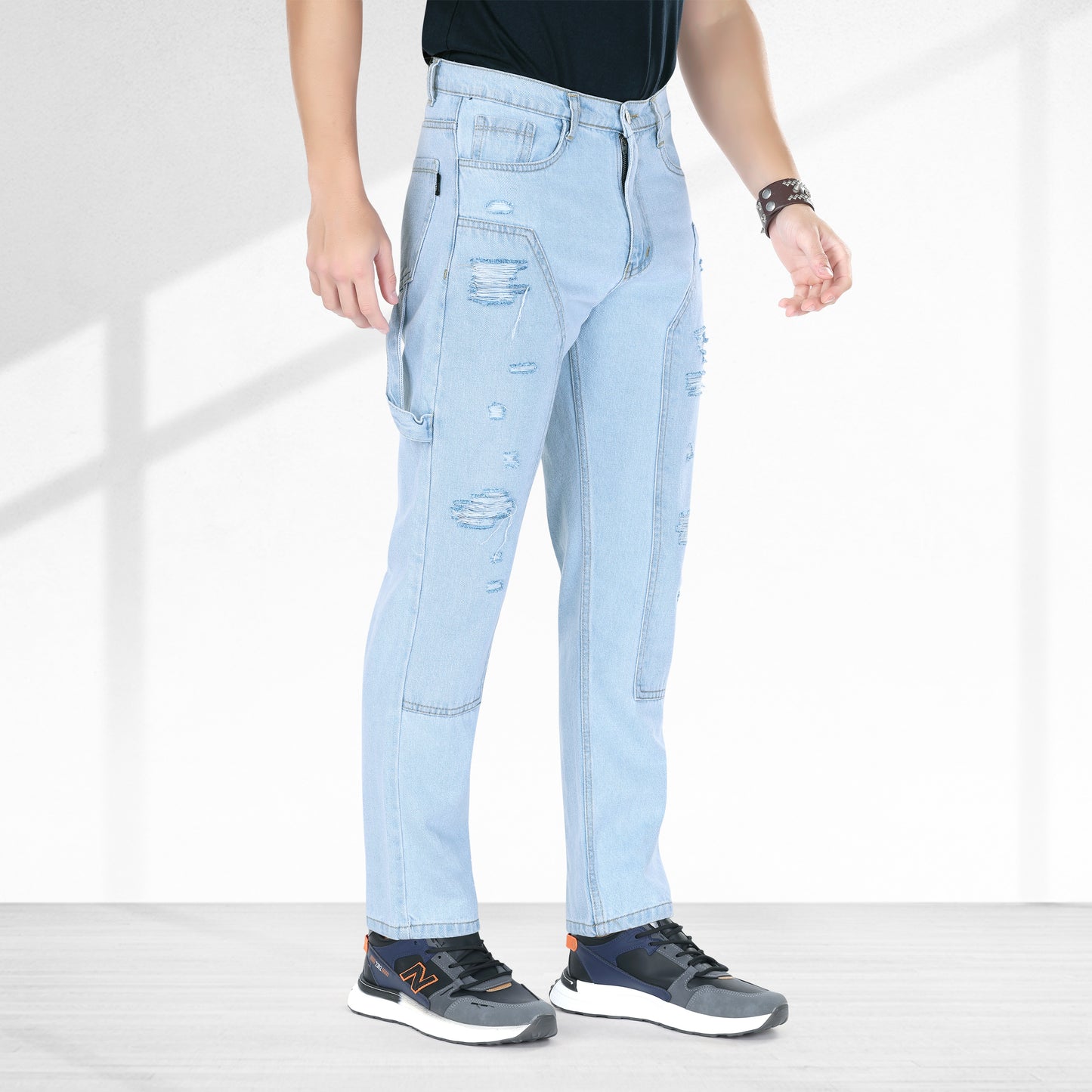 MQ Denim Straight Fit Non Stretchable Relaxed Mid Rise Stylish Sky Blue Distressed Men's Jeans - Available in Variety of Colour