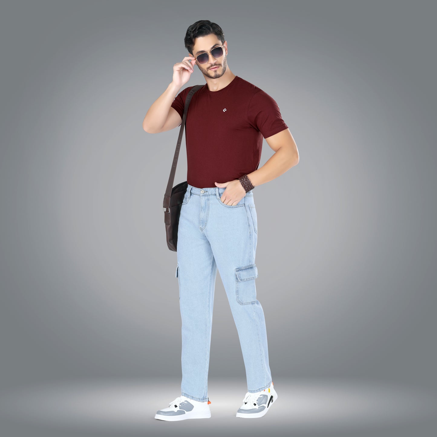 MQ Denim Men's Tapered Fit 6-Pocket Cargo Mid Rise Ice Blue Jeans, Non-Stretchable and Pure Cotton Denim. Trendy and Comfortable Casual Wear.