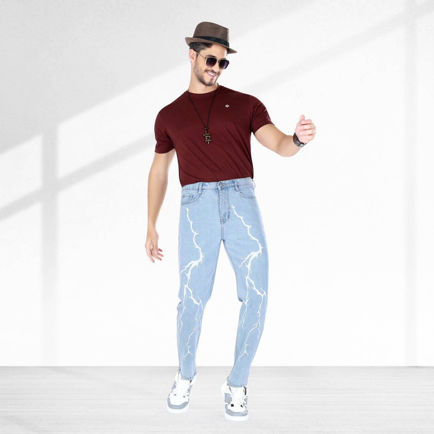 MQ Denim Straight Fit Non-Stretchable Light Blue Mid Rise Lightening Printed Pure Cotton Premium Fabric Men's Jeans