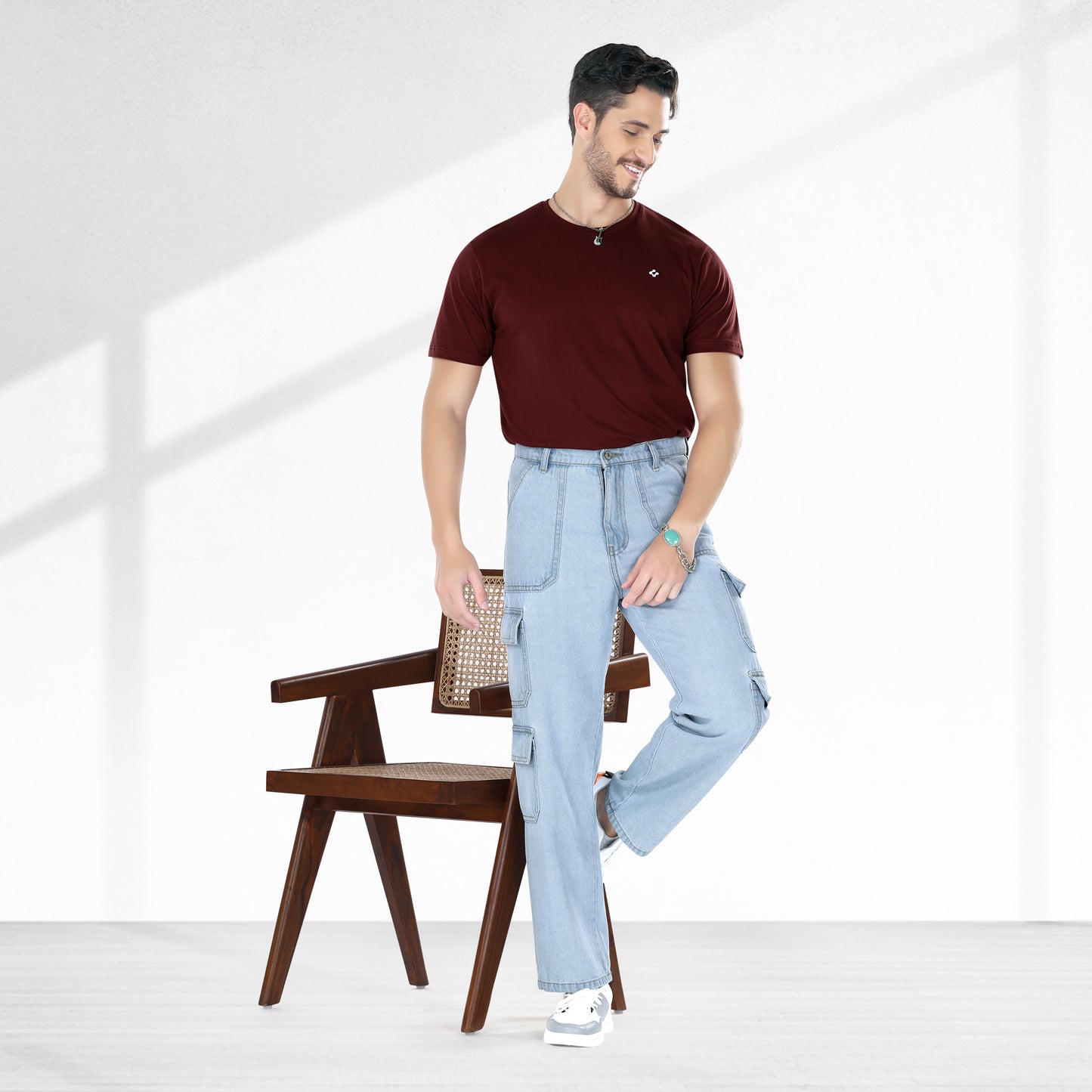 MQ Denim Men's Wide Leg 8-Pocket Mid Rise Light Blue Cargo Jeans, Non-Stretchable and Pure Cotton Denim. Trendy and Comfortable Casual Wear.