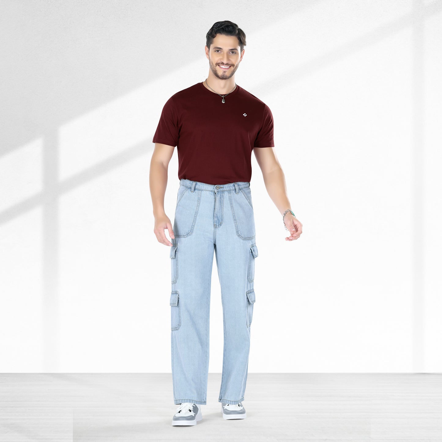 MQ Denim Men's Wide Leg 8-Pocket Mid Rise Light Blue Cargo Jeans, Non-Stretchable and Pure Cotton Denim. Trendy and Comfortable Casual Wear. (Copy)