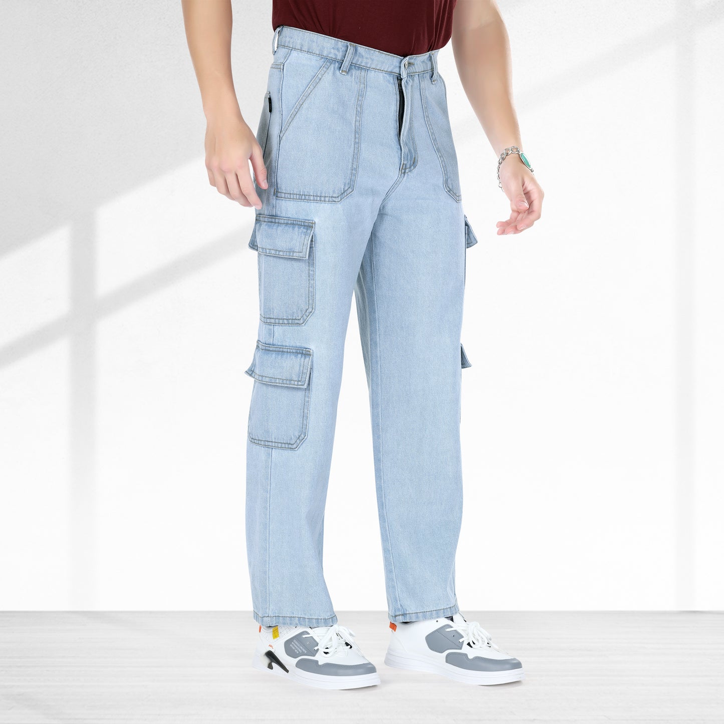 MQ Denim Men's Wide Leg 8-Pocket Mid Rise Light Blue Cargo Jeans, Non-Stretchable and Pure Cotton Denim. Trendy and Comfortable Casual Wear. (Copy)