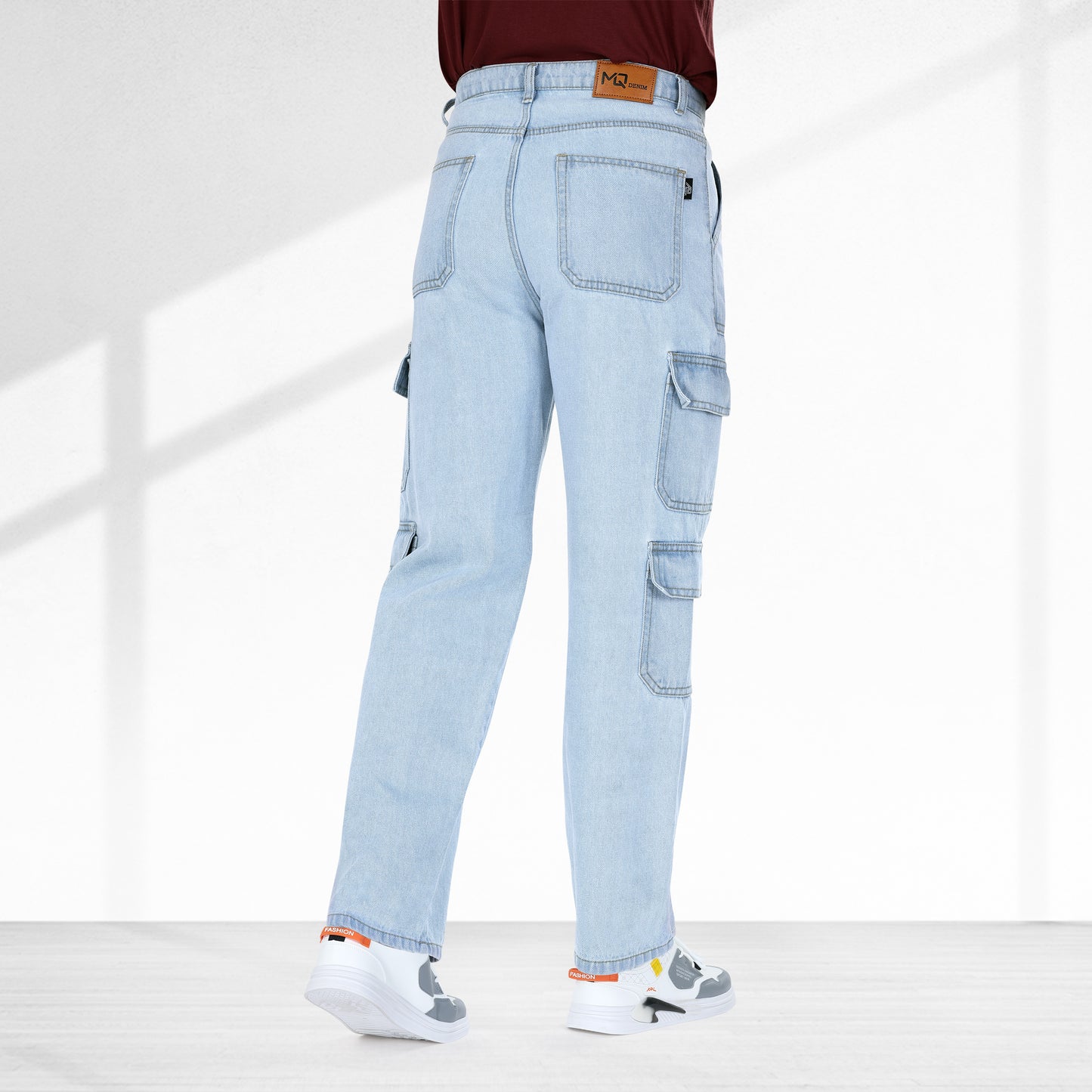 MQ Denim Men's Wide Leg 8-Pocket Mid Rise Light Blue Cargo Jeans, Non-Stretchable and Pure Cotton Denim. Trendy and Comfortable Casual Wear. (Copy)