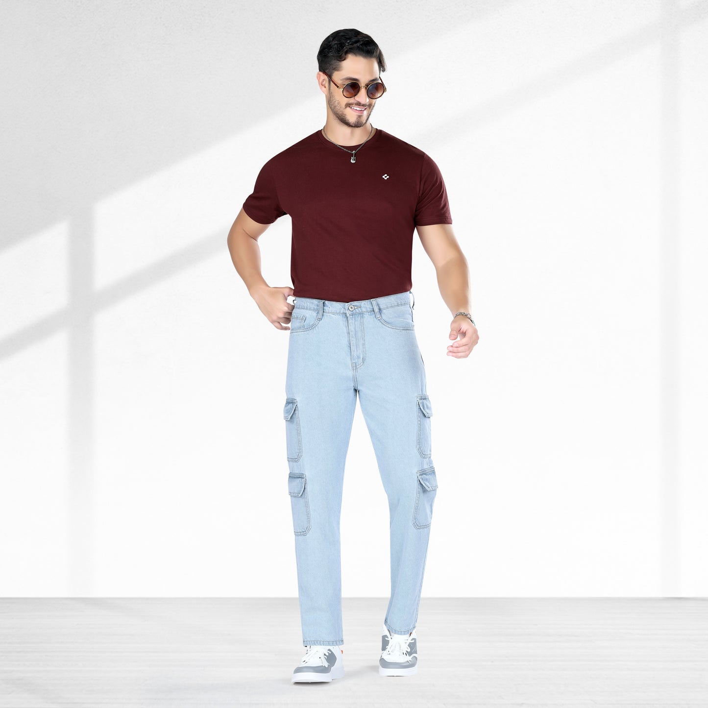 MQ Denim Men's Straight Fit 8-Pocket Light Blue Cargo Mid Rise Jeans, Non-Stretchable and Pure Cotton Denim. Trendy and Comfortable