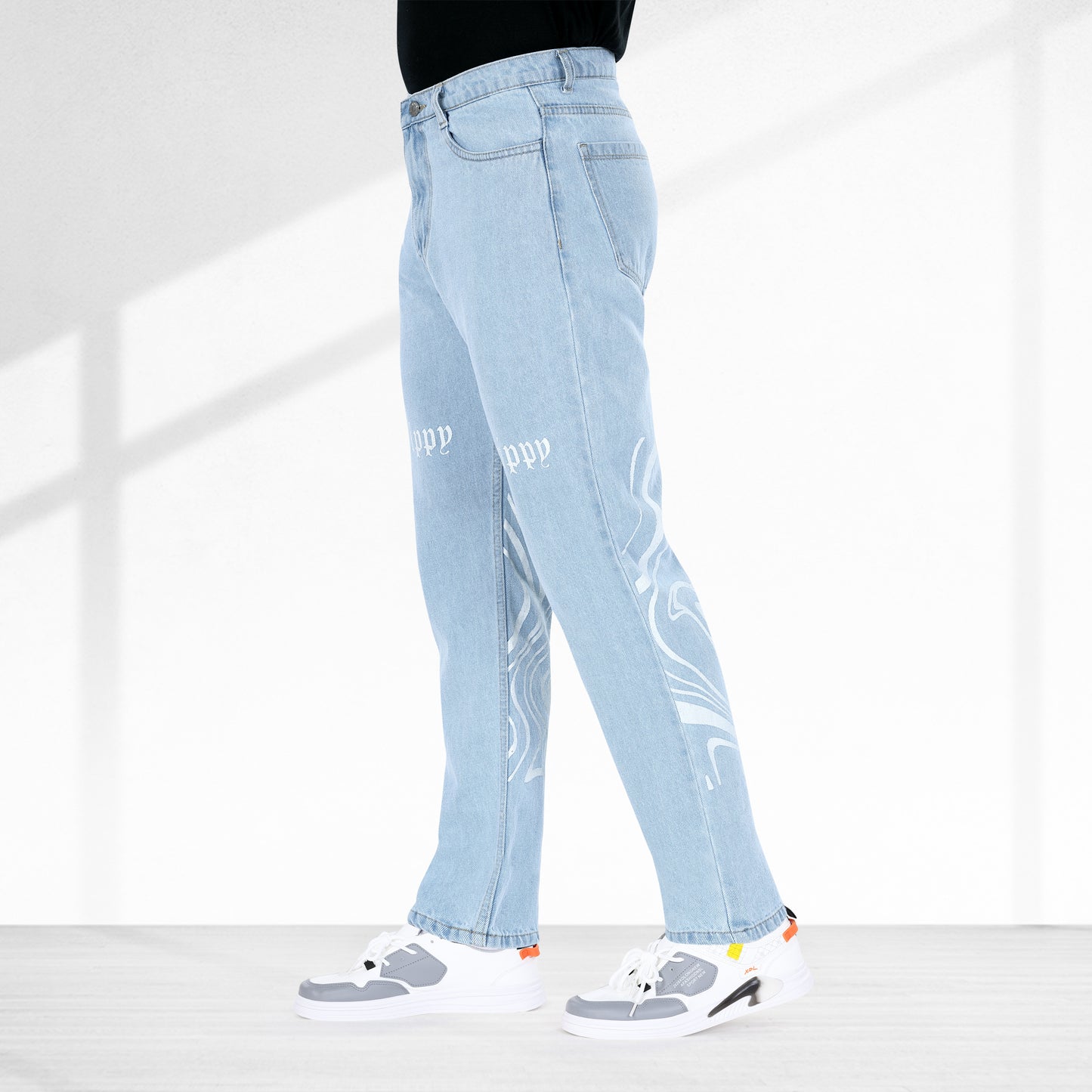 MQ Denim Men's Stylish Printed Mid Rise Light Blue Straight Fit Pure Cotton Non-Stretchable Jeans