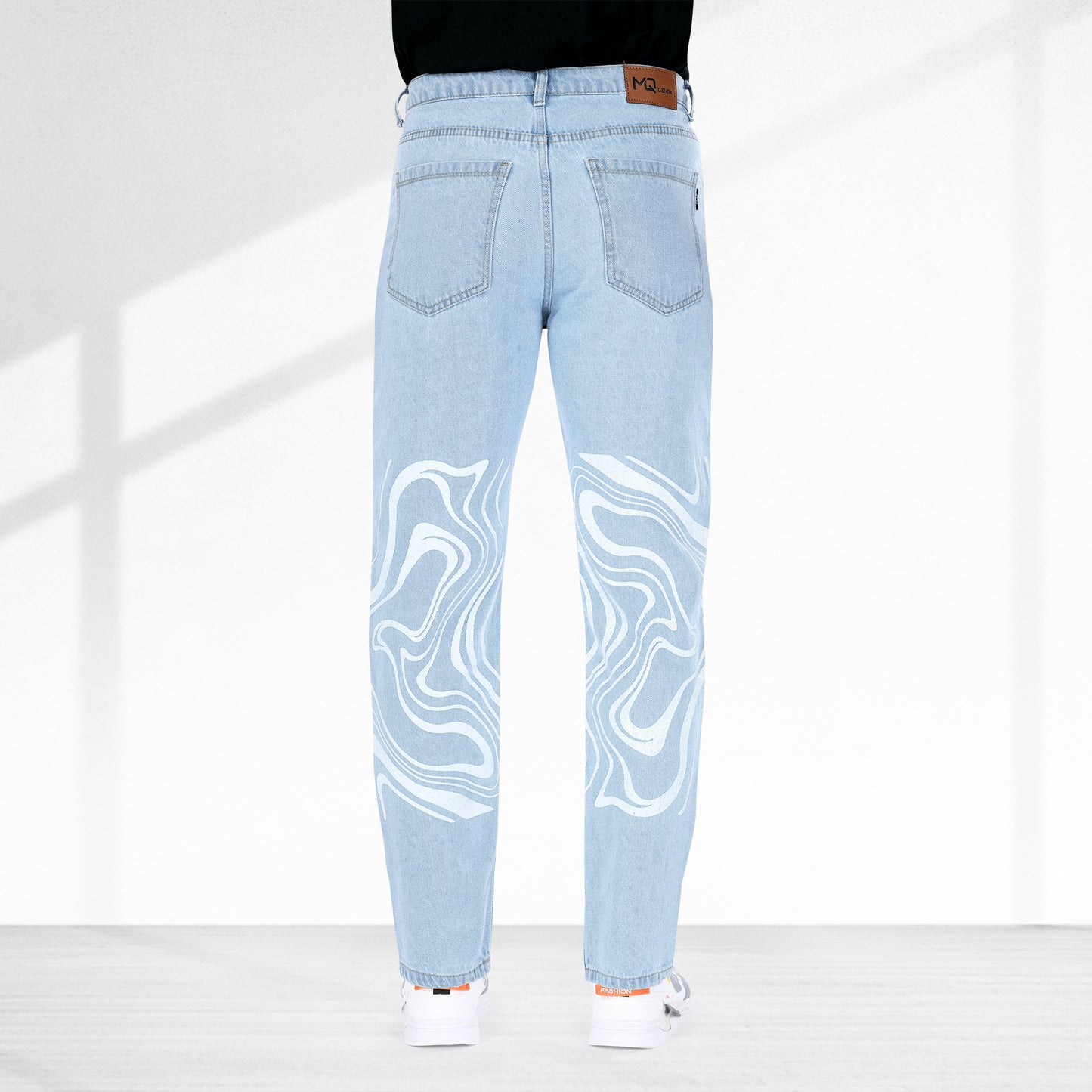 MQ Denim Men's Stylish Printed Mid Rise Light Blue Straight Fit Pure Cotton Non-Stretchable Jeans