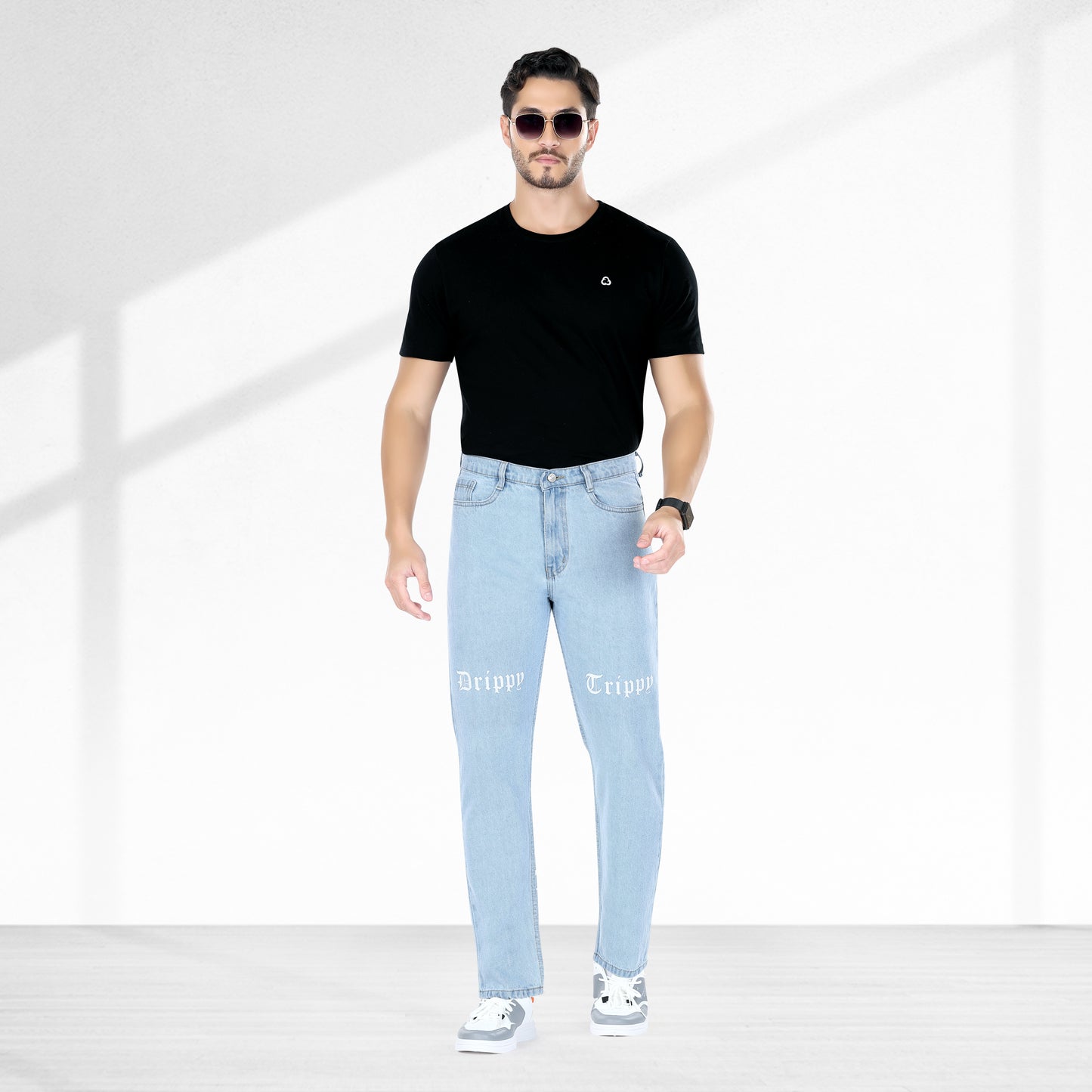 MQ Denim Men's Stylish Printed Mid Rise Light Blue Straight Fit Pure Cotton Non-Stretchable Jeans