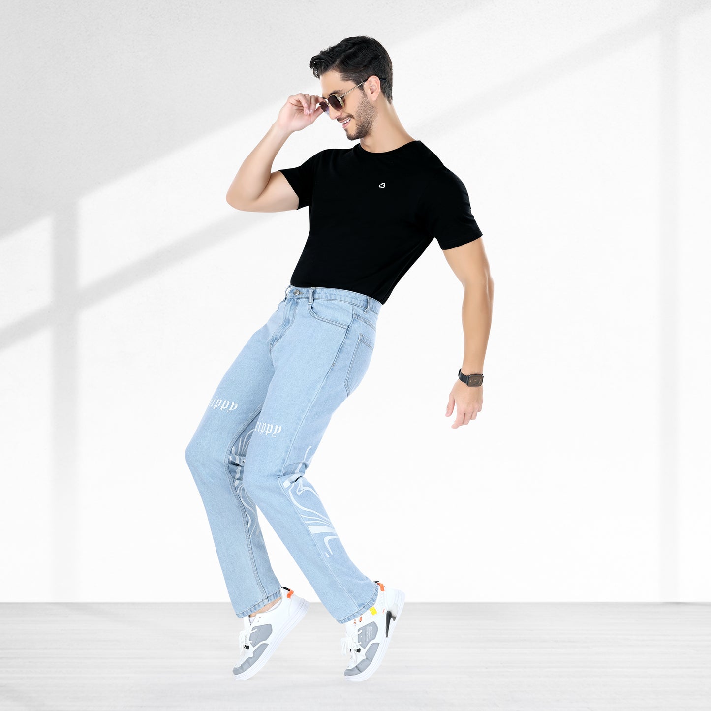 MQ Denim Men's Stylish Printed Mid Rise Light Blue Straight Fit Pure Cotton Non-Stretchable Jeans