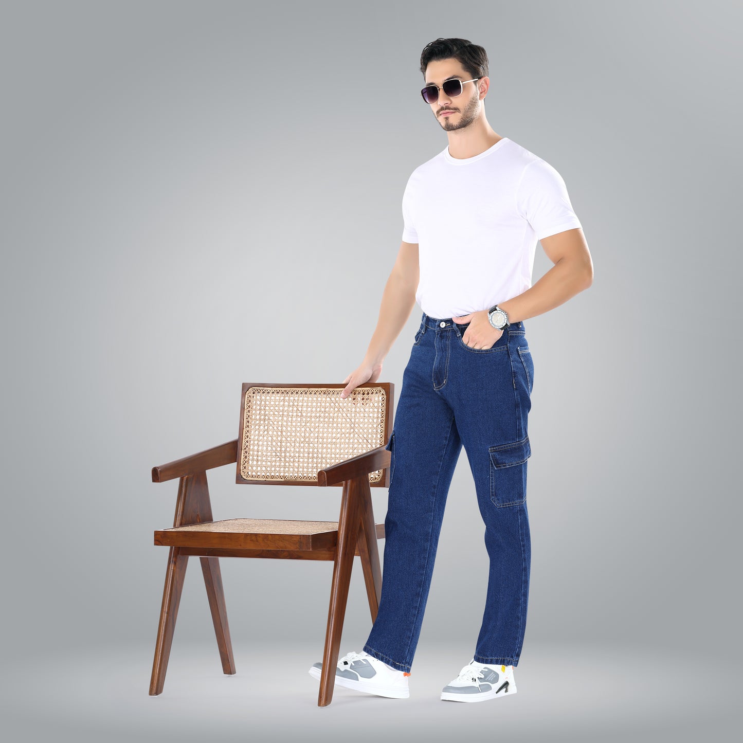 MQ Denim Men's Tapered Fit 6-Pocket Cargo Mid Rise Dark Blue Jeans, Non-Stretchable and Pure Cotton Denim. Trendy and Comfortable Casual Wear.