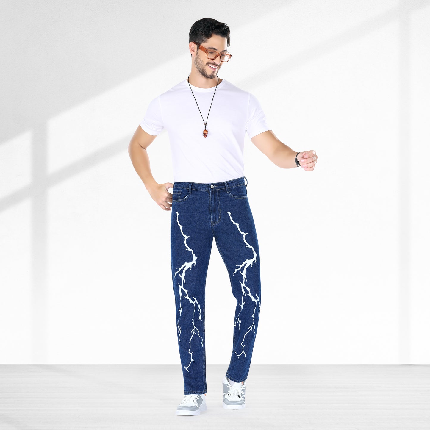 MQ Denim Straight Fit Non-Stretchable Dark Blue Mid Rise Lightening Printed Pure Cotton Premium Fabric Men's Jeans