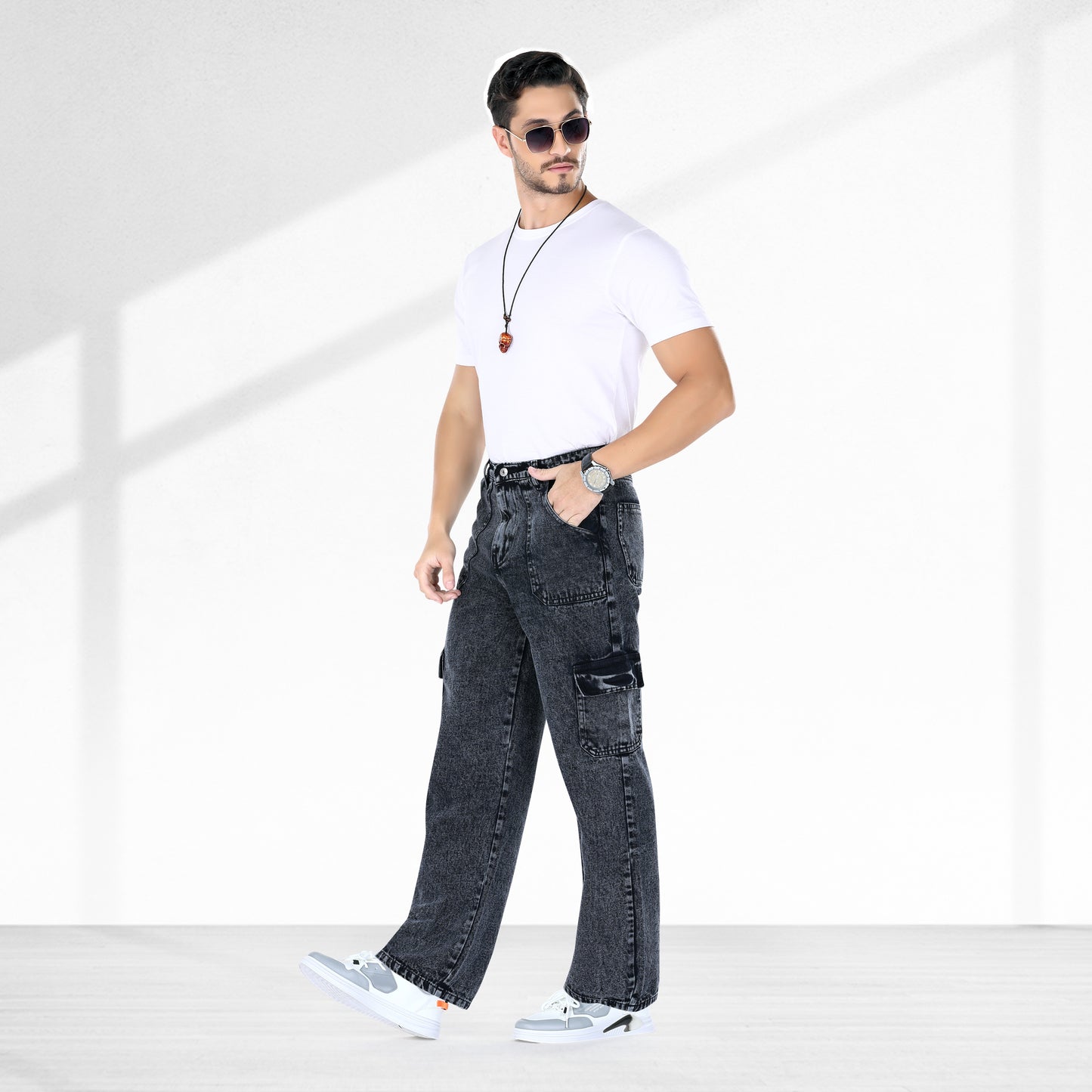 MQ Denim Men's Straight Leg 6-Pocket Mid Rise Cargo Jeans, Non-Stretchable and Pure Cotton Denim. Trendy and Comfortable Casual Wear.