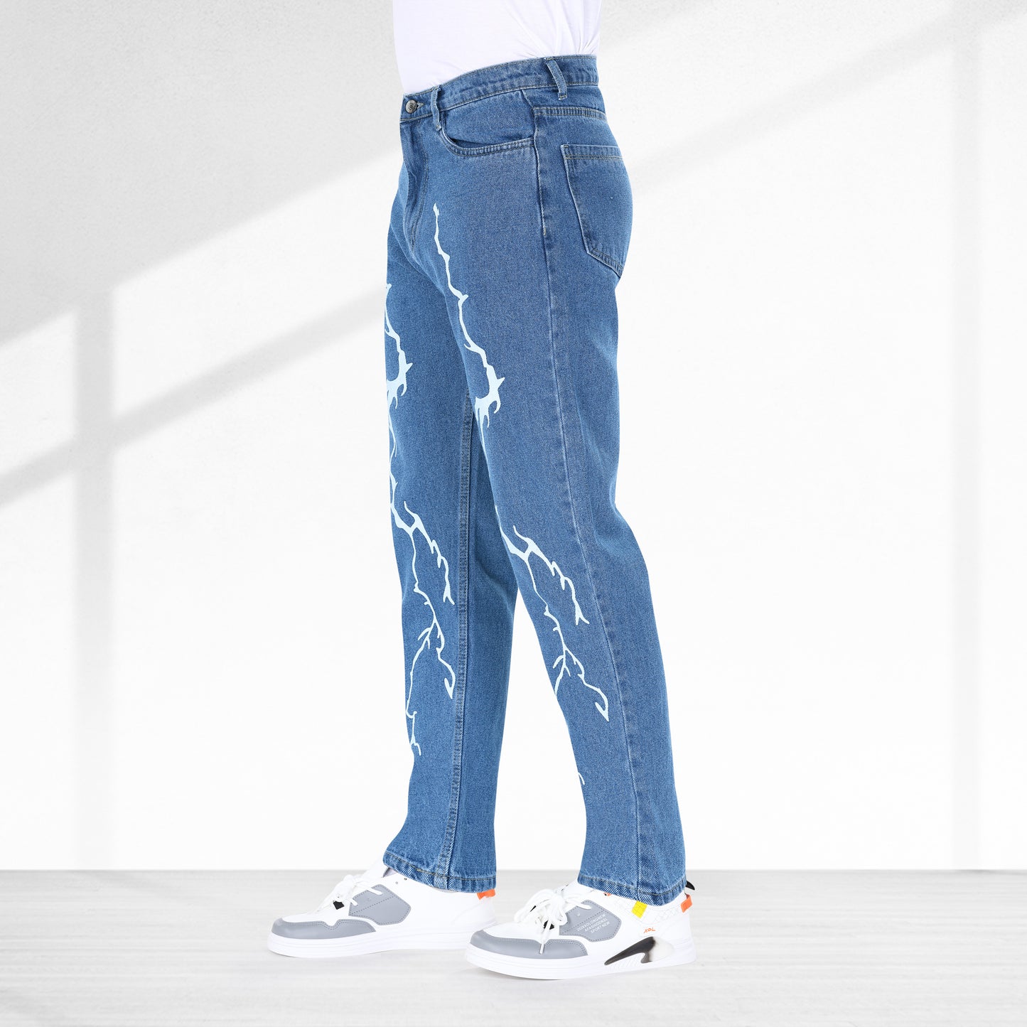 MQ Denim Straight Fit Non-Stretchable Blue Mid Rise Lightening Printed Pure Cotton Premium Fabric Men's Jeans